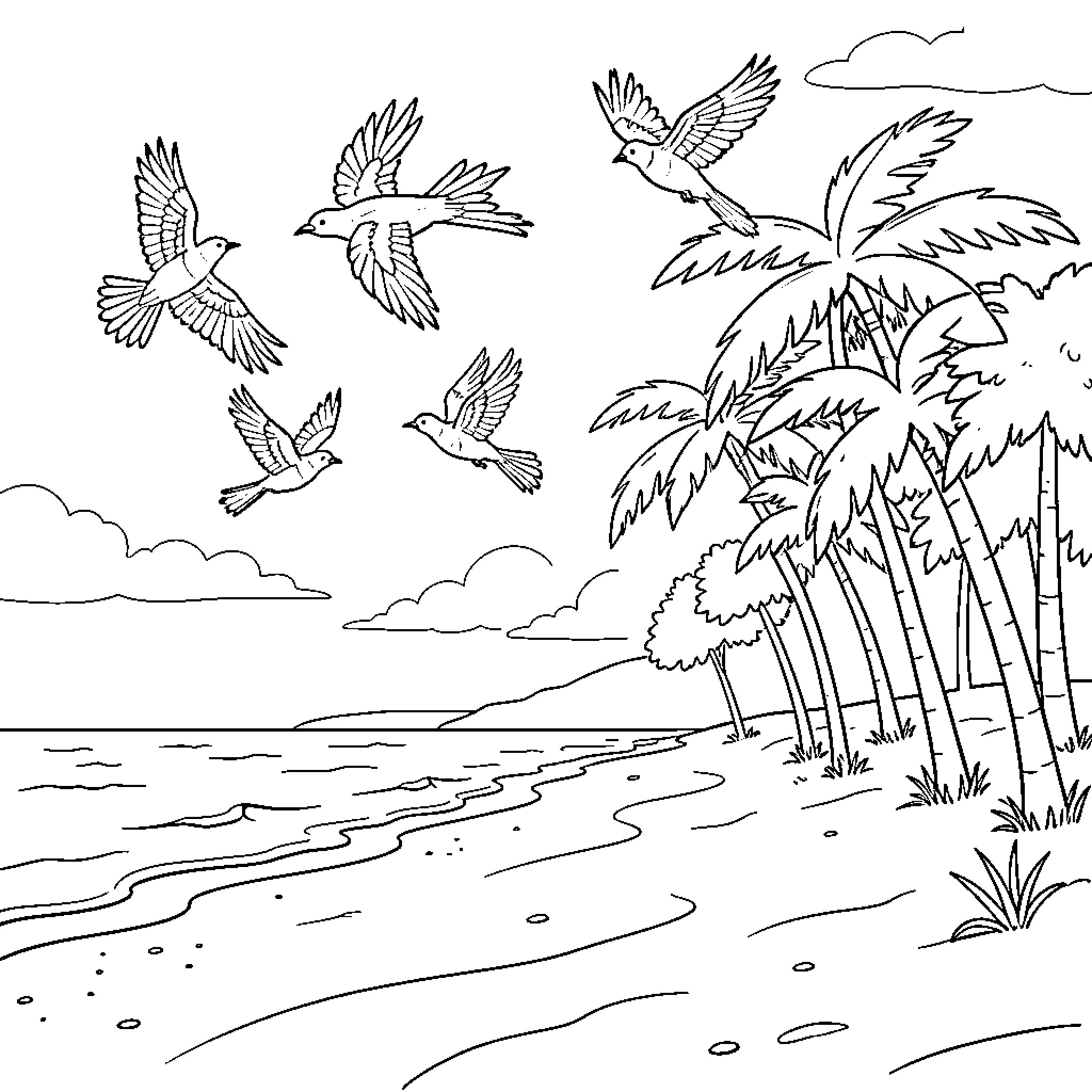 Birds flying freely in tropical landscape Coloring Page (free black-and-white line drawing printable PDF for all, from beginners to advanced learners, including children, teens, adults, and seniors)