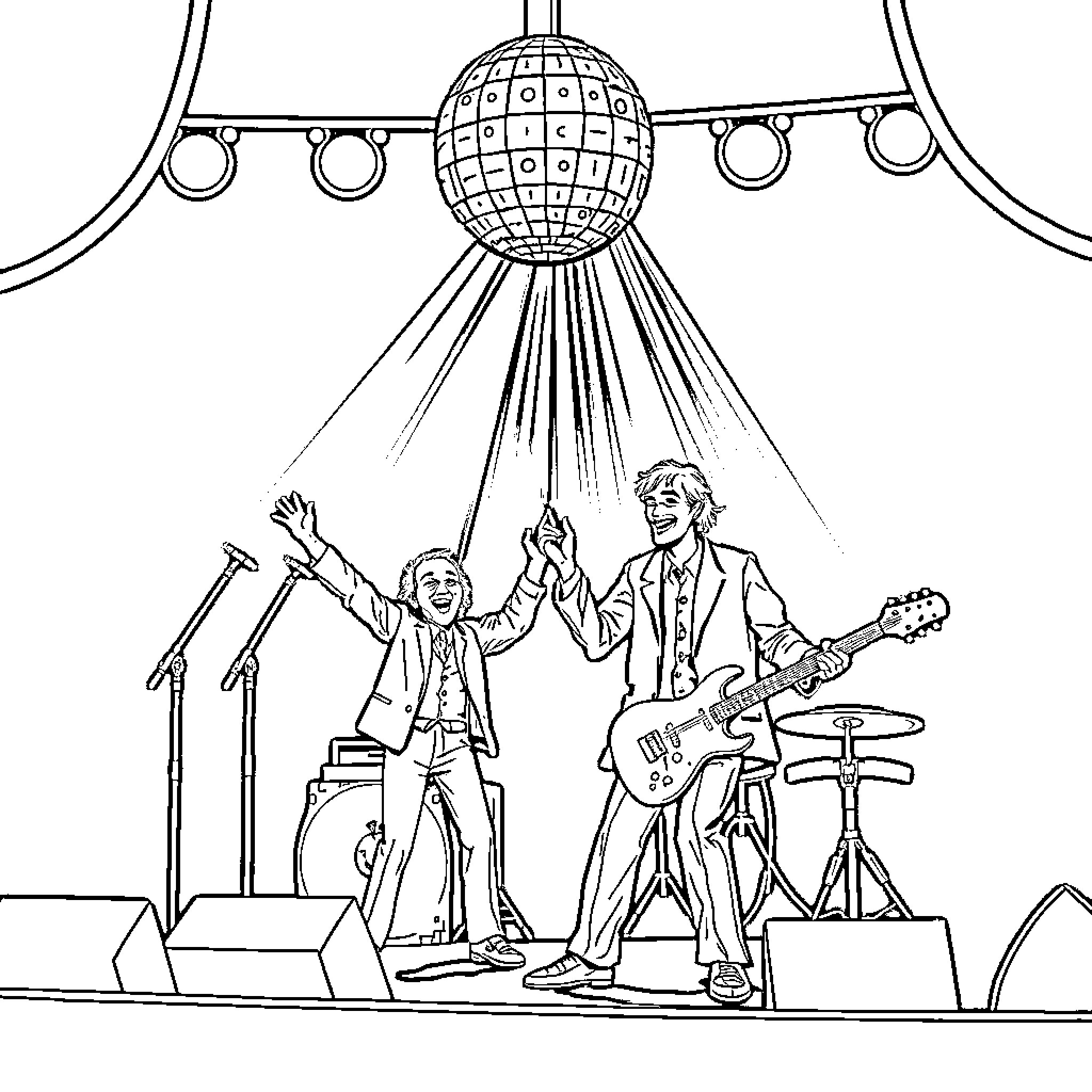 Who performs enthusiastically on stage with disco ball Coloring Page (free black-and-white line drawing printable PDF for all, from beginners to advanced learners, including children, teens, adults, and seniors)