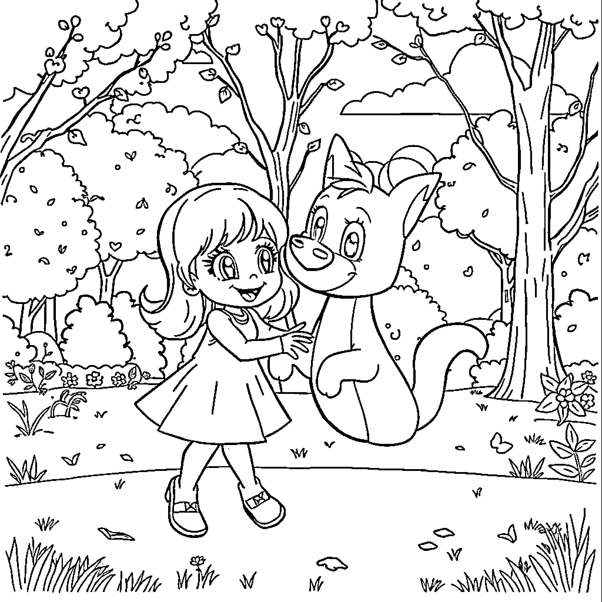 Bluey and Friend Exploring the Outdoors Coloring Page (free black-and-white line drawing printable PDF for all, from beginners to advanced learners, including children, teens, adults, and seniors)