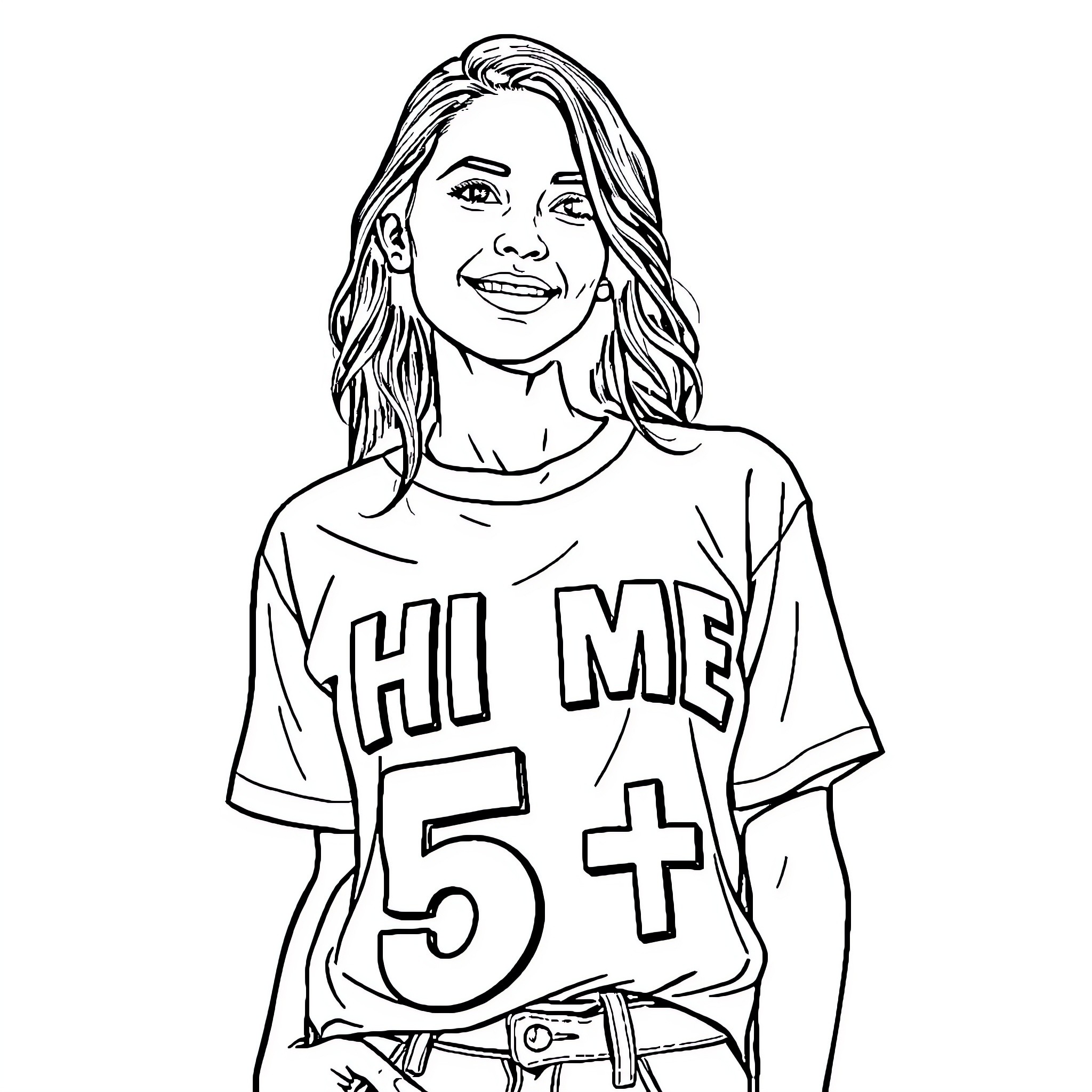 Lady in Casual Outfit Smiling Cheerfully Coloring Page (free black-and-white line drawing printable PDF for all, from beginners to advanced learners, including children, teens, adults, and seniors)