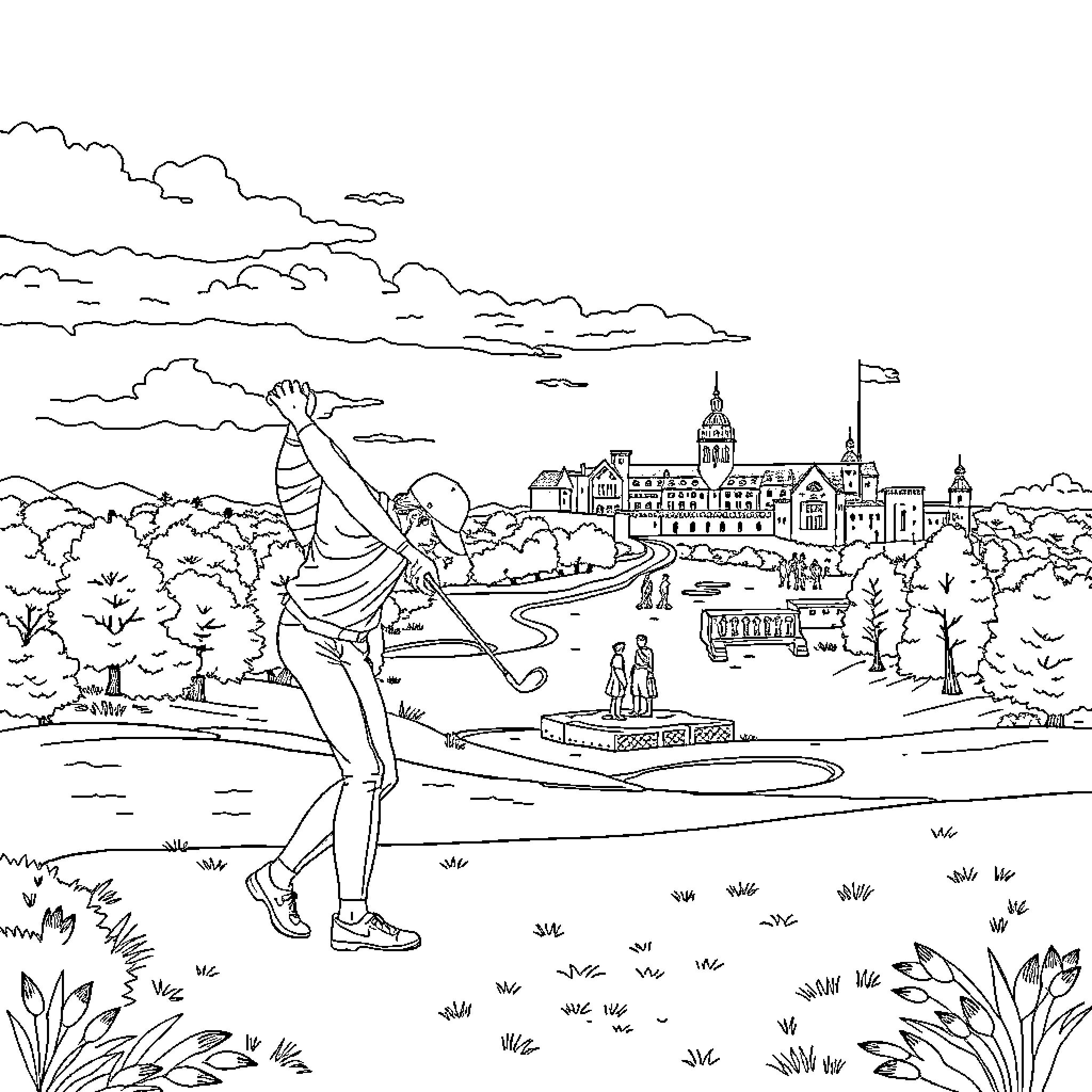 Golf player enjoying the game on a scenic course Coloring Page (free black-and-white line drawing printable PDF for all, from beginners to advanced learners, including children, teens, adults, and seniors)