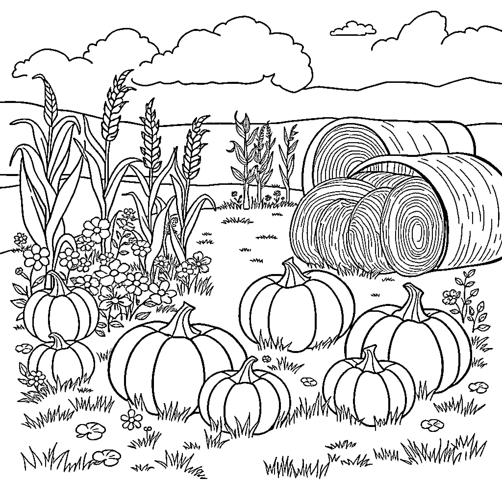 Pumpkin Patch with Hay Bales and Wildflowers Coloring Page (free black-and-white line drawing printable PDF for all, from beginners to advanced learners, including children, teens, adults, and seniors)