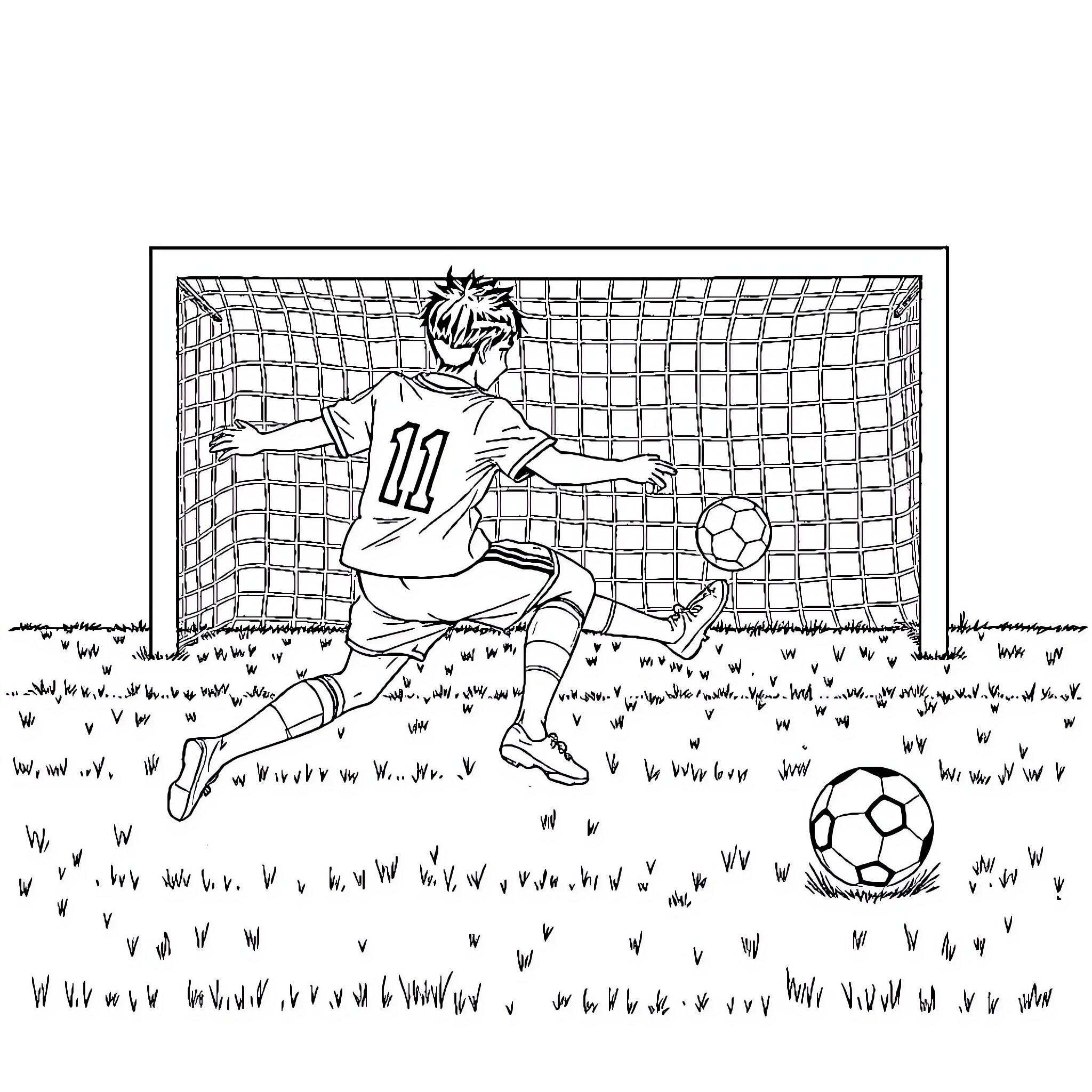 Tsubasa blocking a soccer ball in front of the goal Coloring Page (free black-and-white line drawing printable PDF for all, from beginners to advanced learners, including children, teens, adults, and seniors)