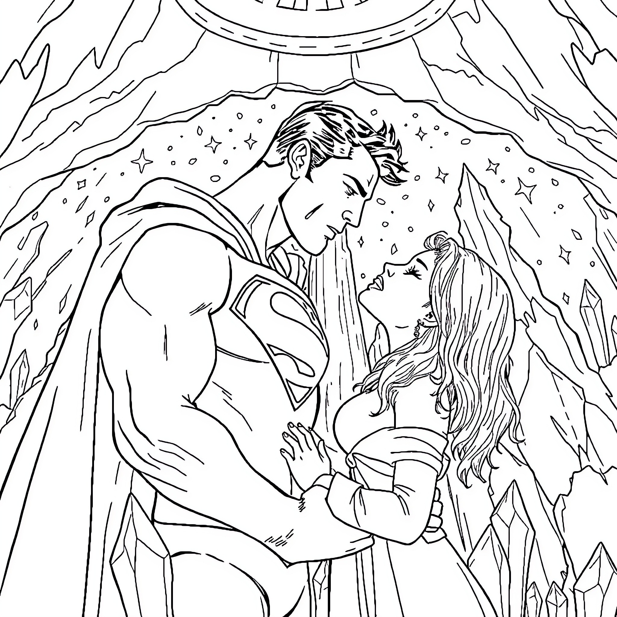 Superman protecting a woman in a starry night scene Coloring Page (free black-and-white line drawing printable PDF for all, from beginners to advanced learners, including children, teens, adults, and seniors)