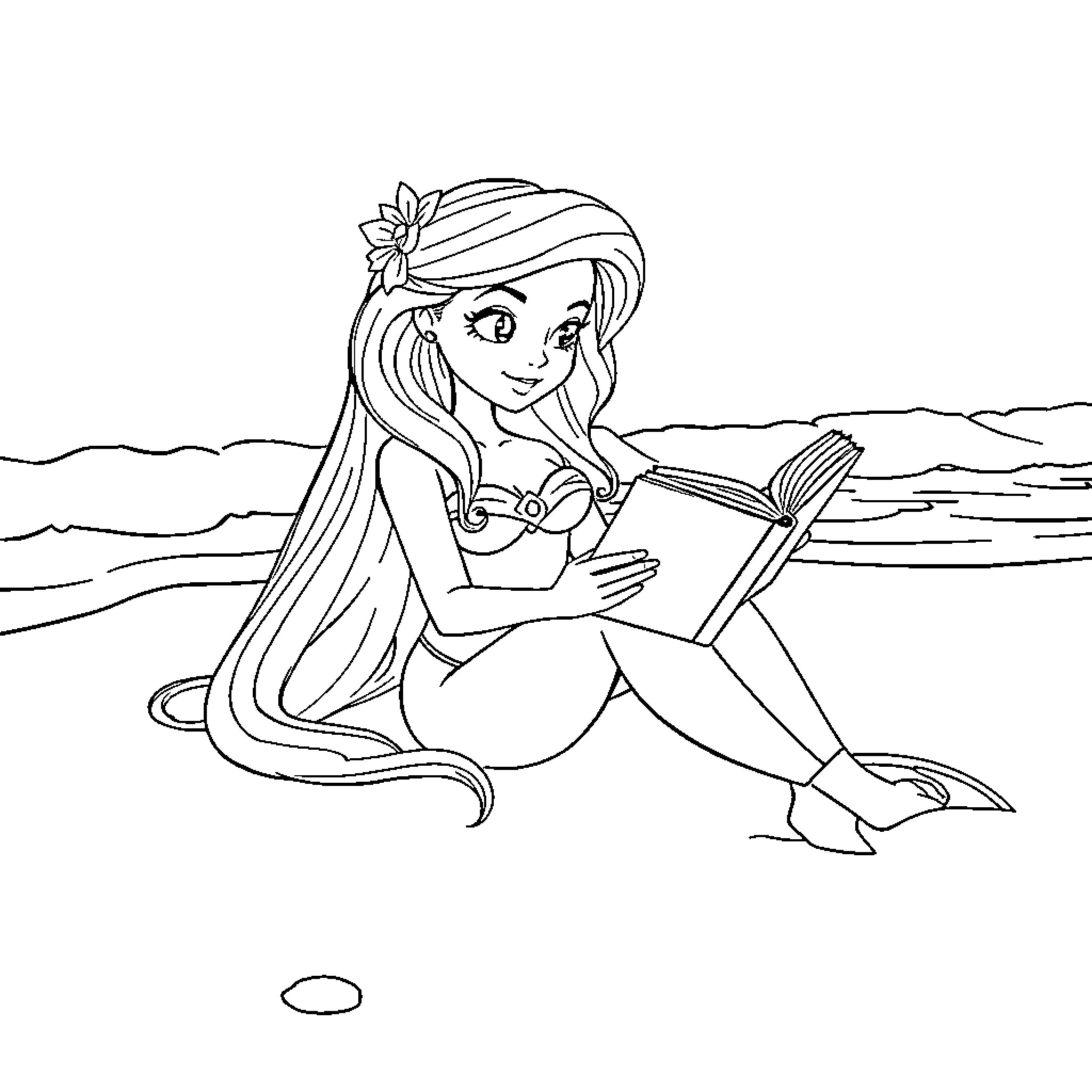 Bella reading a book by the beach Coloring Page (free black-and-white line drawing printable PDF for all, from beginners to advanced learners, including children, teens, adults, and seniors)