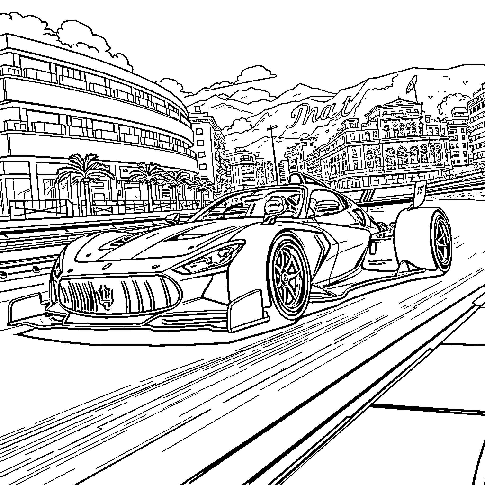 Maserati racing through vibrant city streets Coloring Page (free black-and-white line drawing printable PDF for all, from beginners to advanced learners, including children, teens, adults, and seniors)