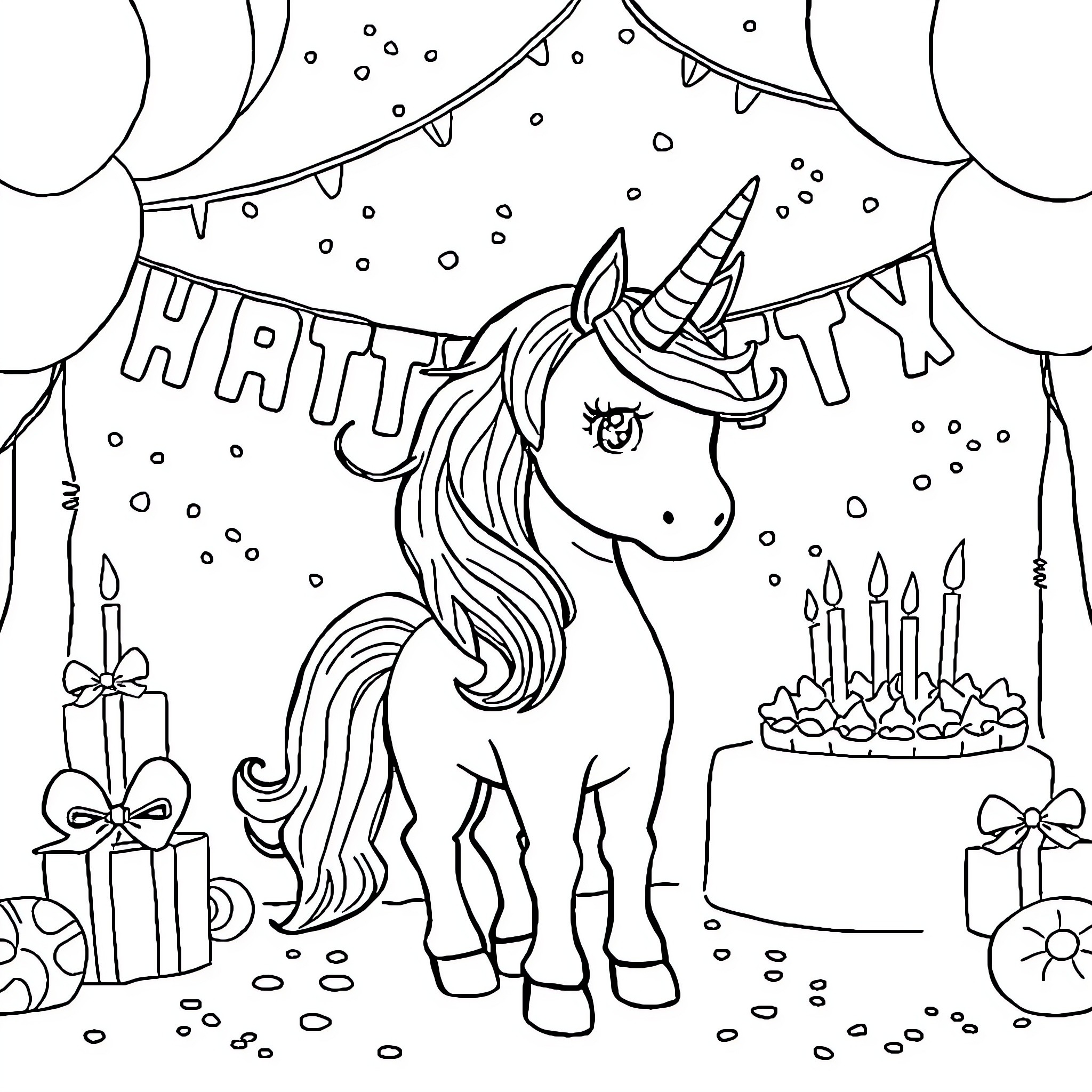 Unicorn celebrating a happy birthday party Coloring Page (free black-and-white line drawing printable PDF for all, from beginners to advanced learners, including children, teens, adults, and seniors)