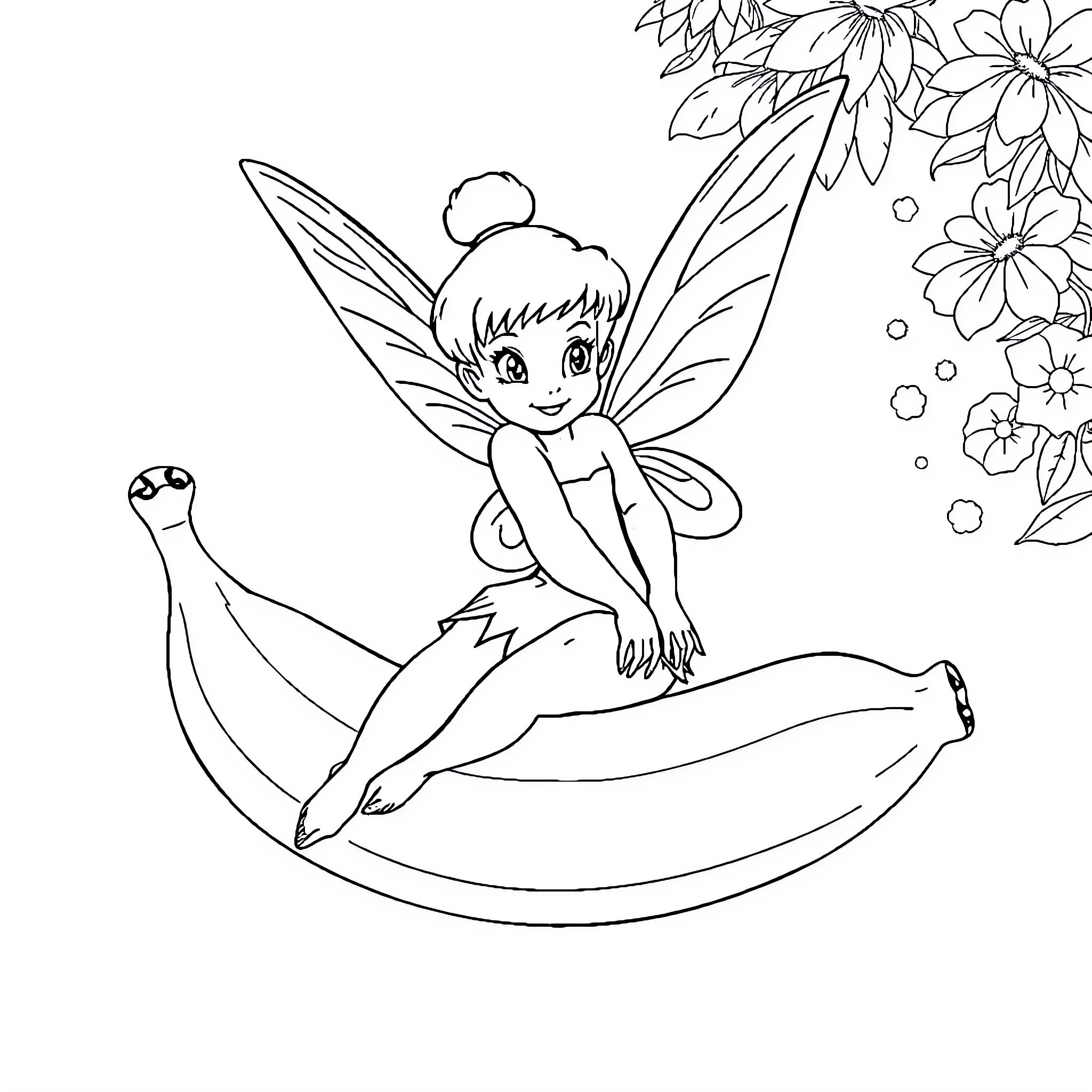 Tinkerbell playing on a banana leaf Coloring Page (free black-and-white line drawing printable PDF for all, from beginners to advanced learners, including children, teens, adults, and seniors)