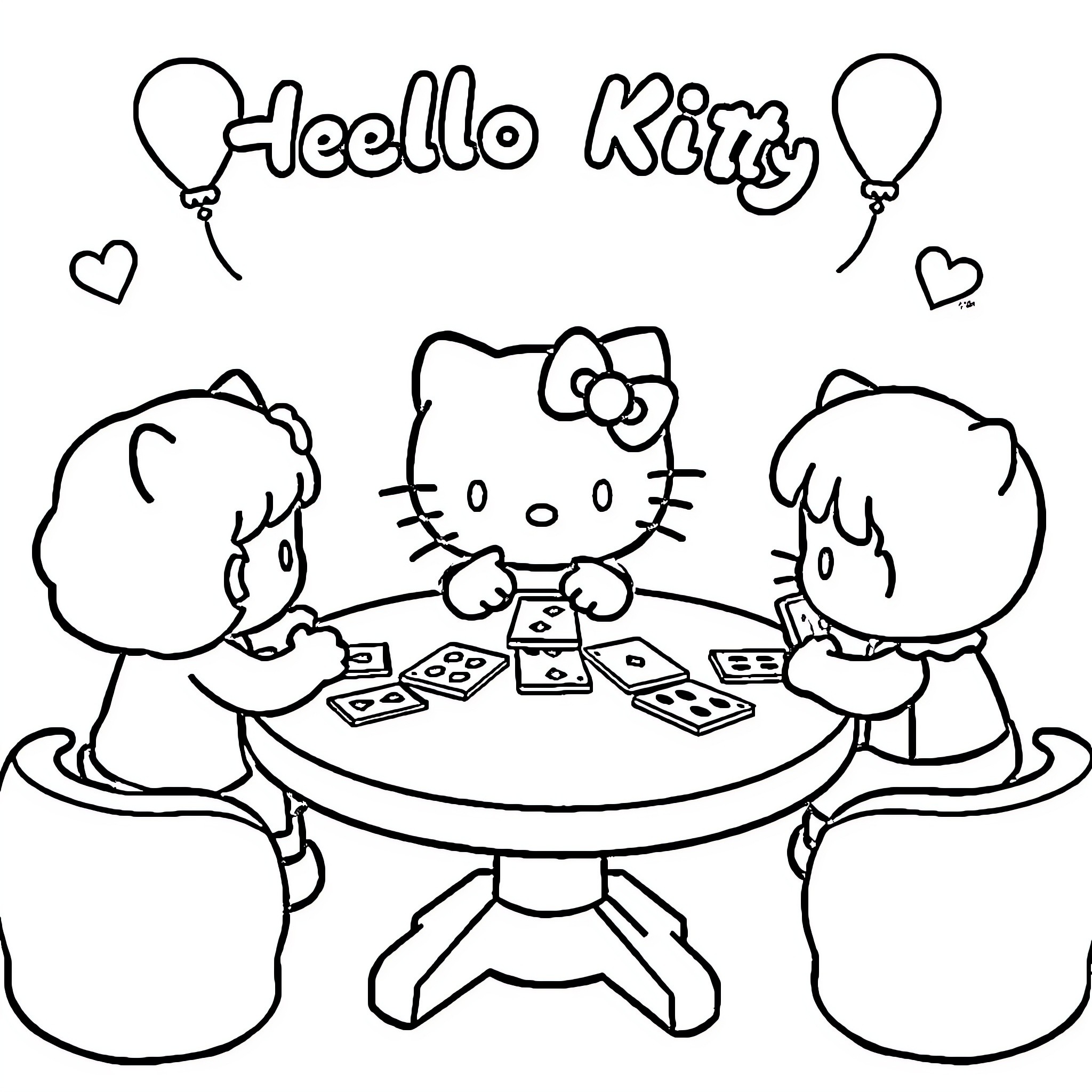 Hello Kitty Playing Cards with Friends Coloring Page (free black-and-white line drawing printable PDF for all, from beginners to advanced learners, including children, teens, adults, and seniors)
