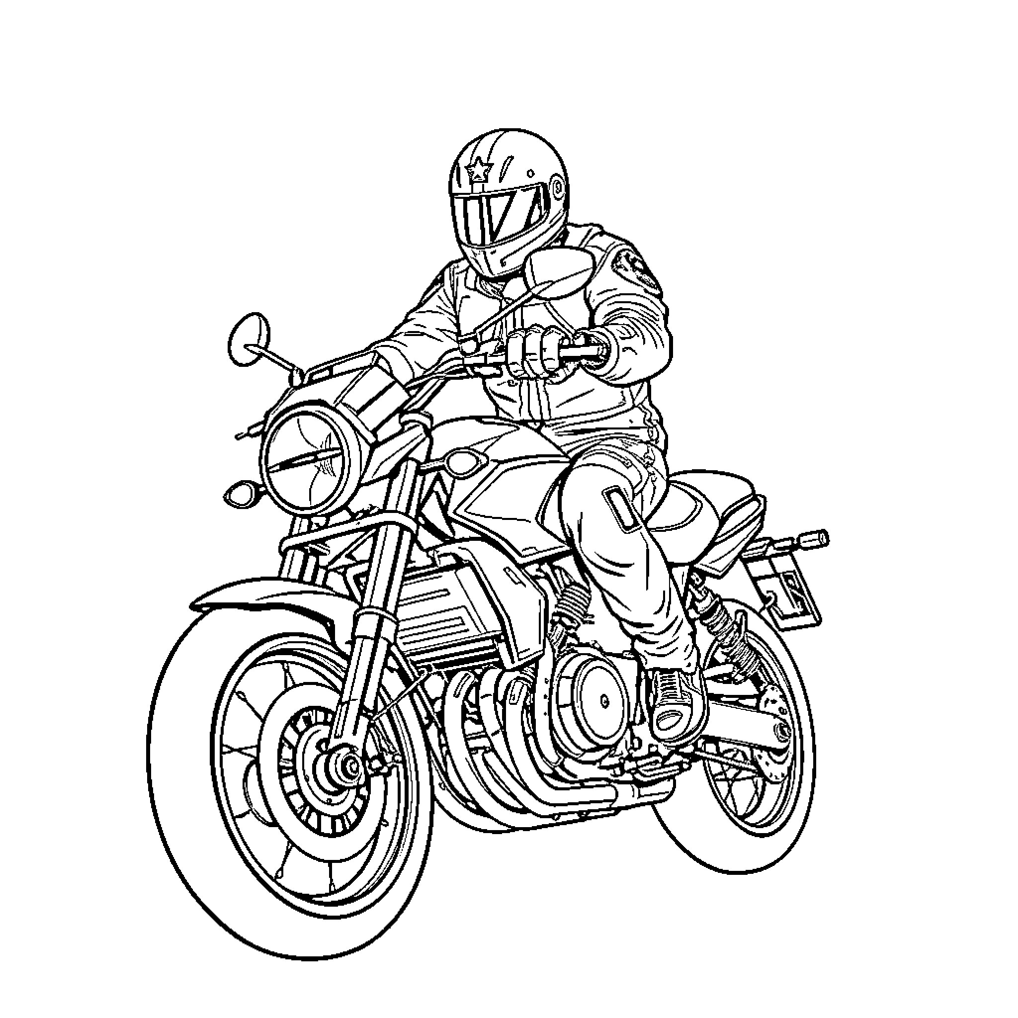 Gendarme riding a motorcycle in motion Coloring Page (free black-and-white line drawing printable PDF for all, from beginners to advanced learners, including children, teens, adults, and seniors)