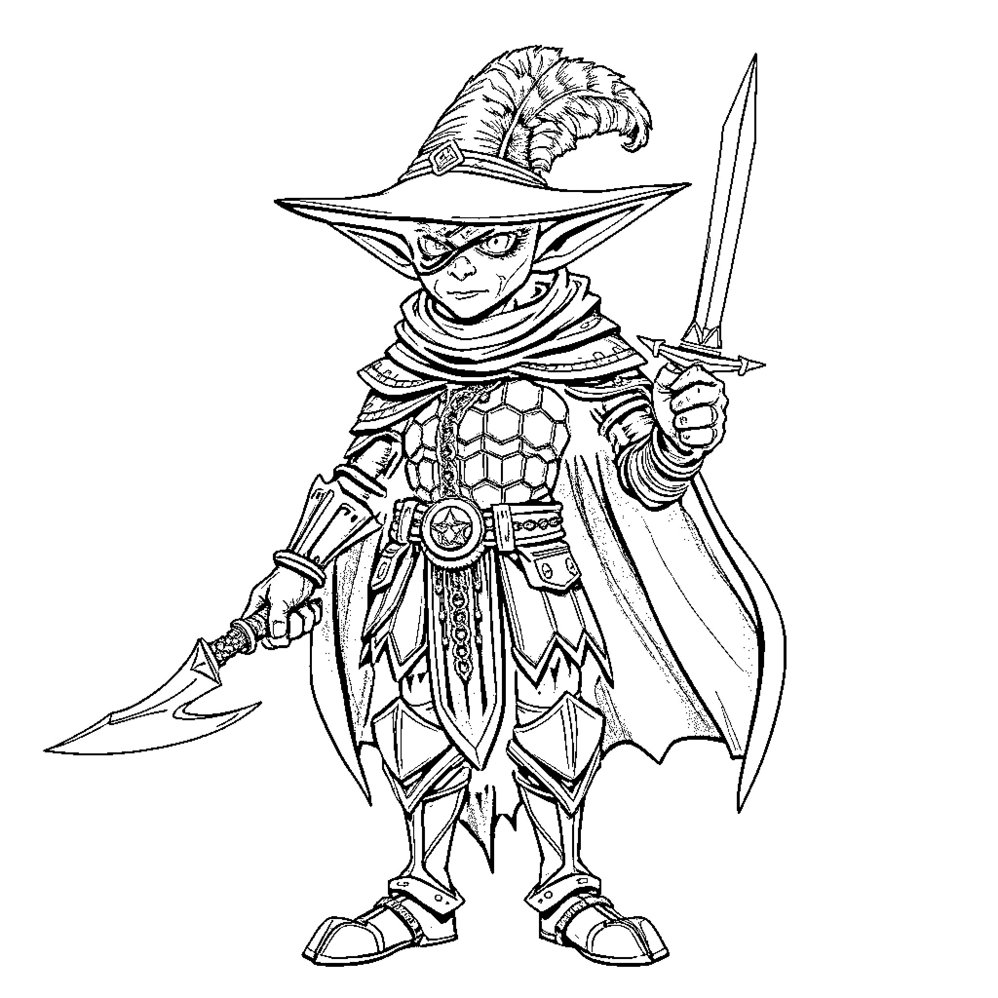 Drow Elf warrior in ornate battle gear wielding sword Coloring Page (free black-and-white line drawing printable PDF for all, from beginners to advanced learners, including children, teens, adults, and seniors)