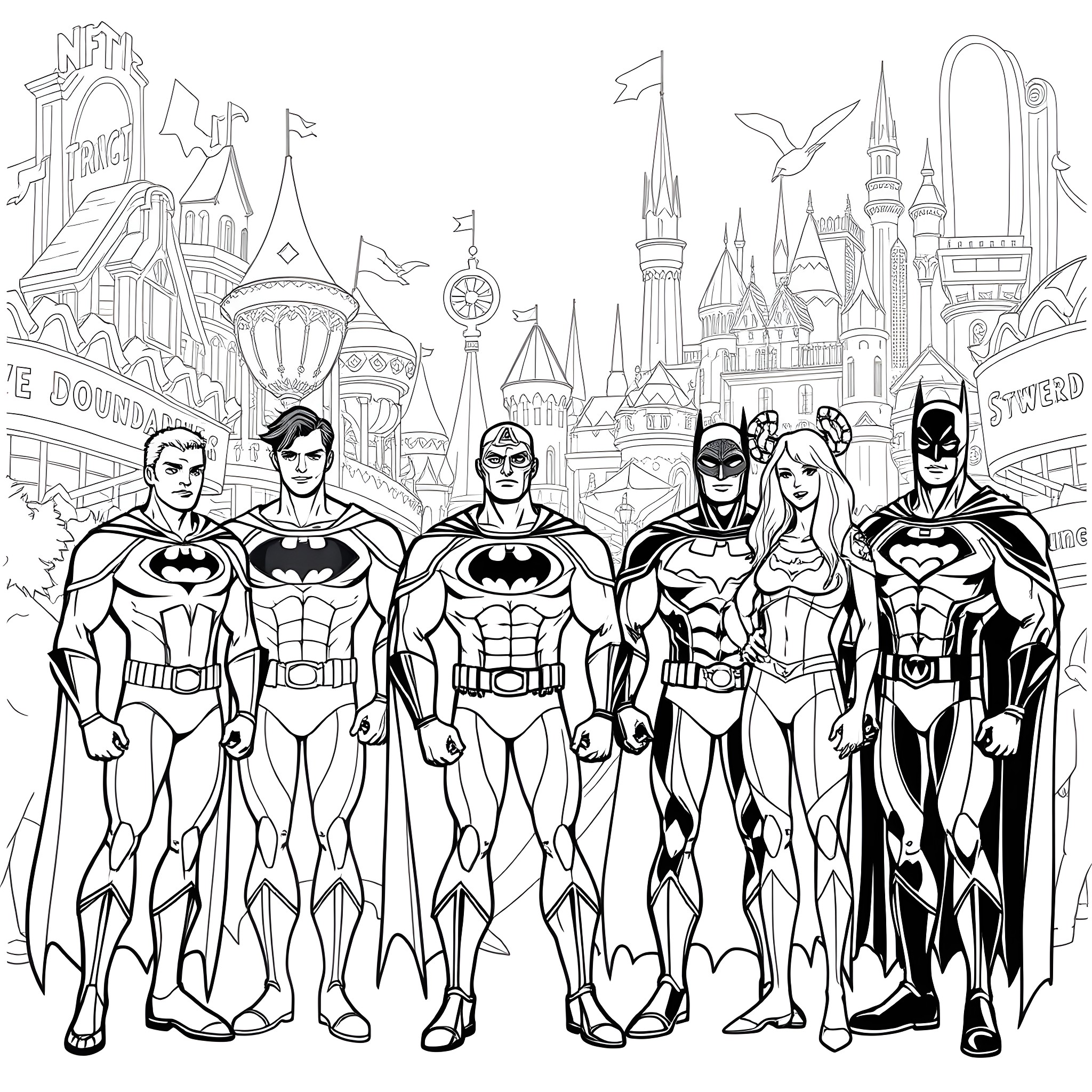 Justice League Heroes in Heroic Poses Coloring Page (free black-and-white line drawing printable PDF for all, from beginners to advanced learners, including children, teens, adults, and seniors)