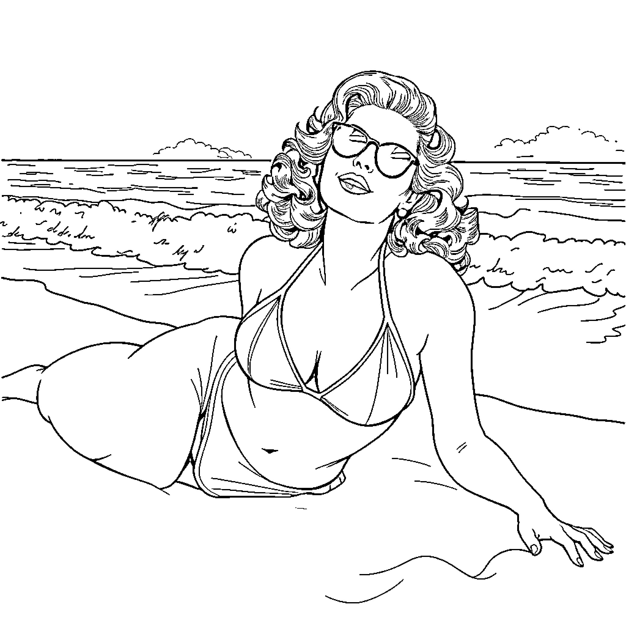 Ava Gardner relaxing on the beach Coloring Page (free black-and-white line drawing printable PDF for all, from beginners to advanced learners, including children, teens, adults, and seniors)