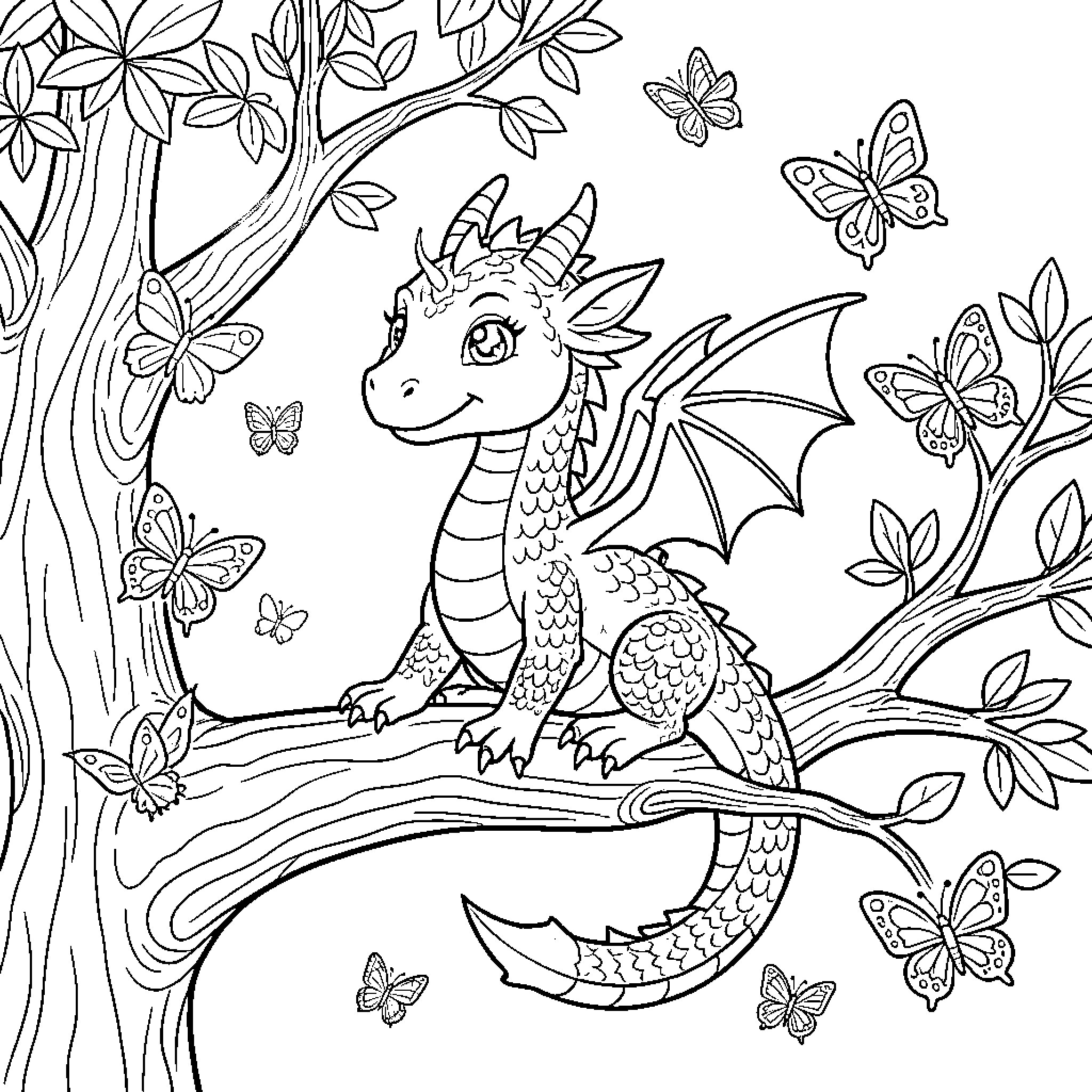Dragon playing with butterflies in enchanted forest Coloring Page (free black-and-white line drawing printable PDF for all, from beginners to advanced learners, including children, teens, adults, and seniors)
