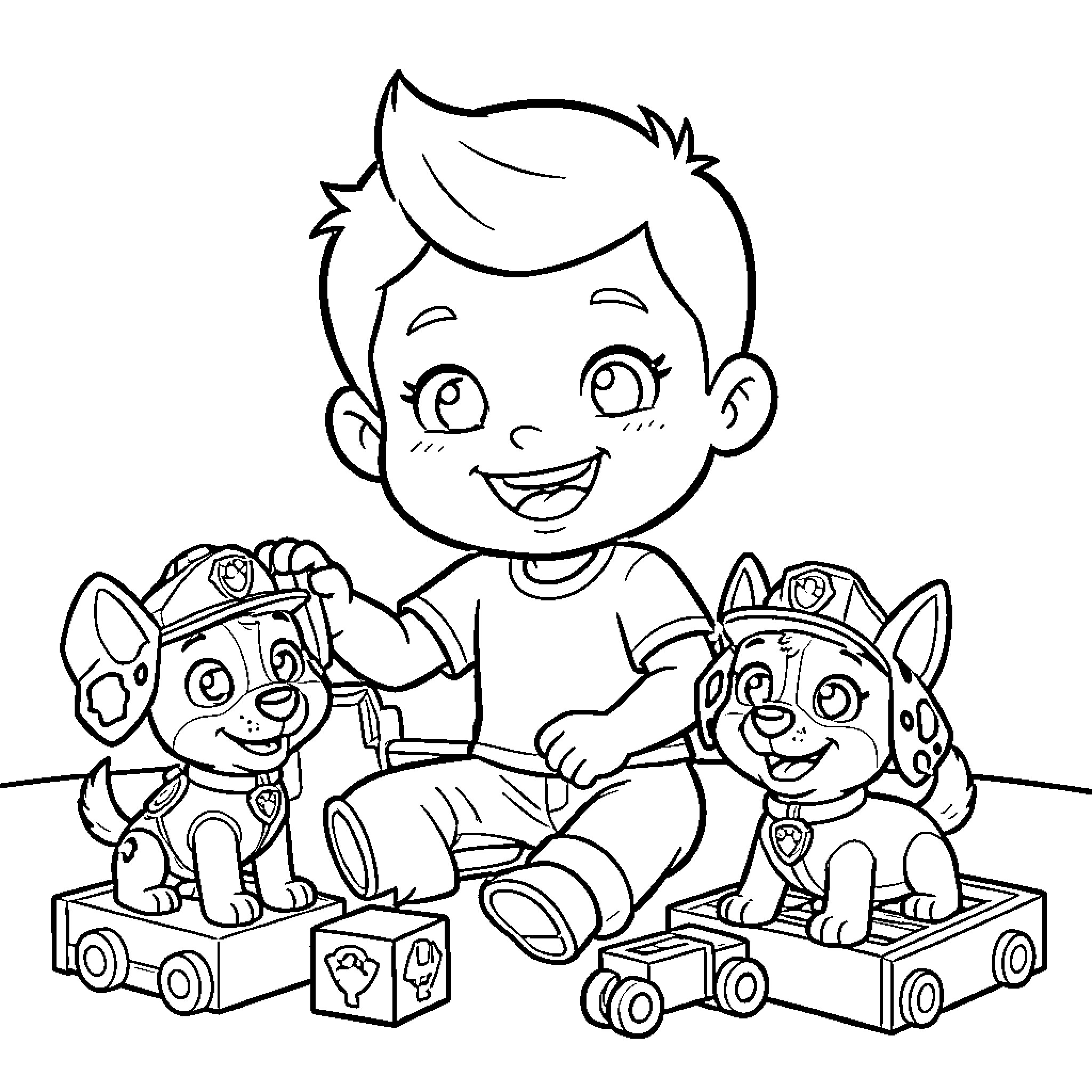Boy playing happily with toy puppies Coloring Page (free black-and-white line drawing printable PDF for all, from beginners to advanced learners, including children, teens, adults, and seniors)