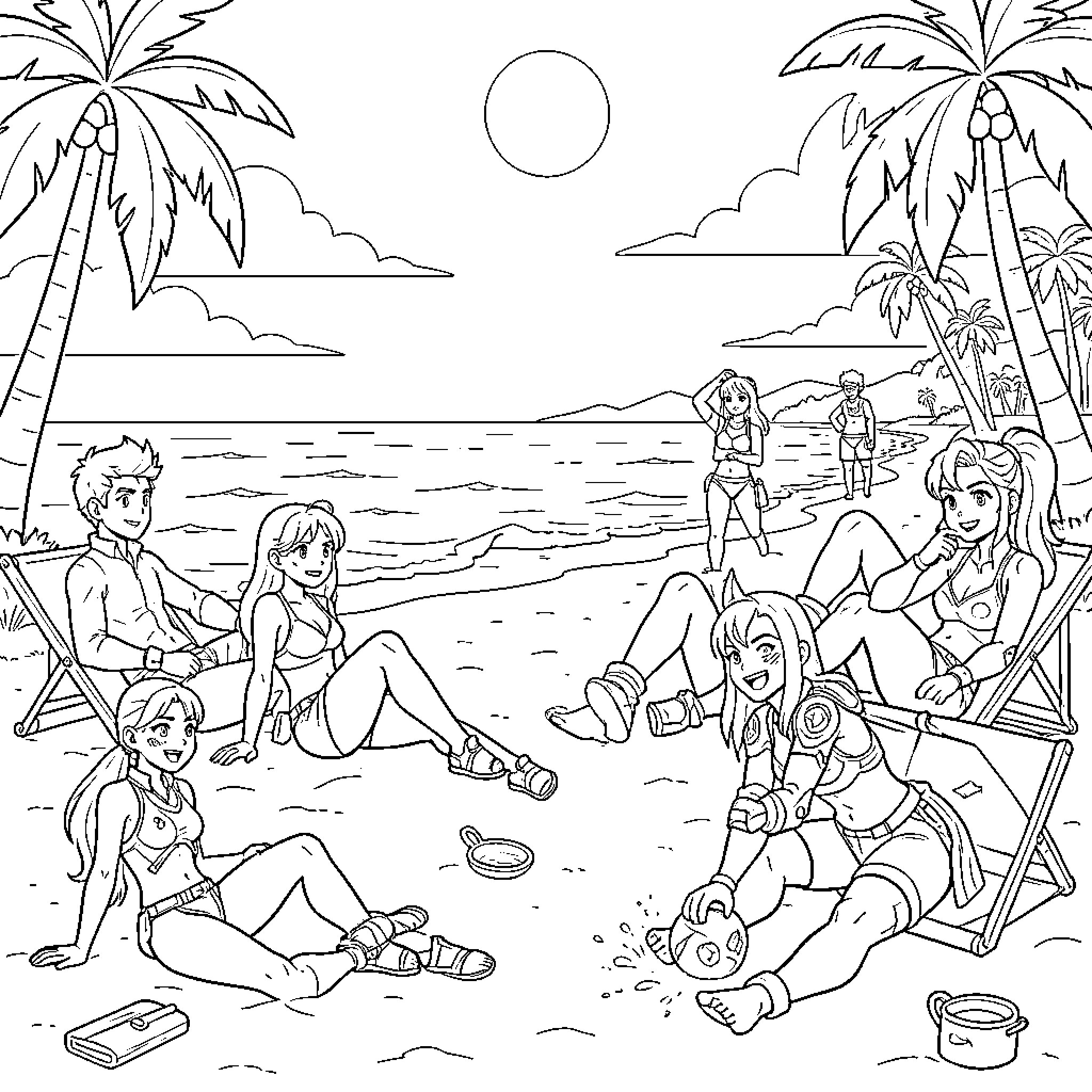 Overwatch Character group relaxing at the beach Coloring Page (free black-and-white line drawing printable PDF for all, from beginners to advanced learners, including children, teens, adults, and seniors)