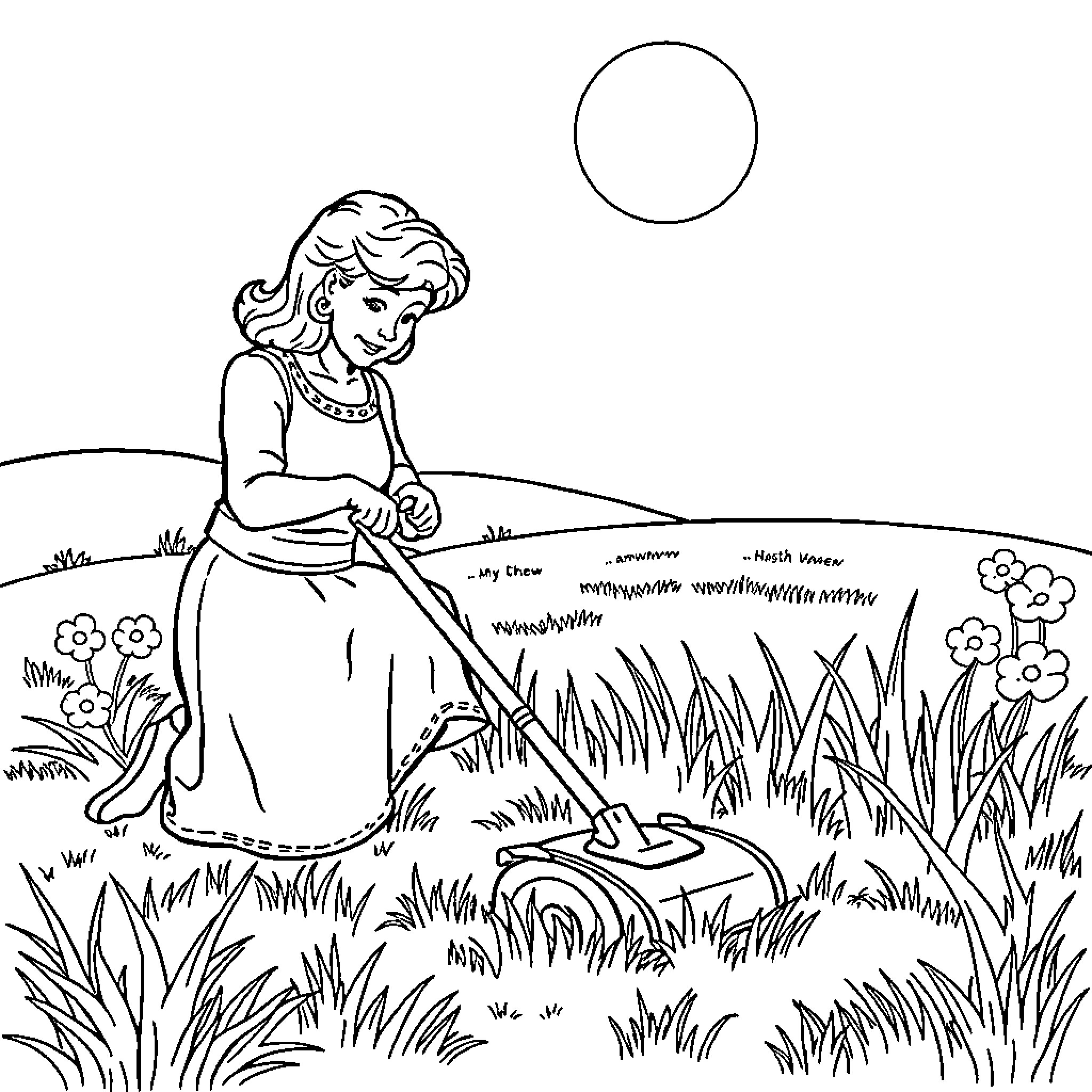 Ursula tending to the garden under the moonlight Coloring Page (free black-and-white line drawing printable PDF for all, from beginners to advanced learners, including children, teens, adults, and seniors)