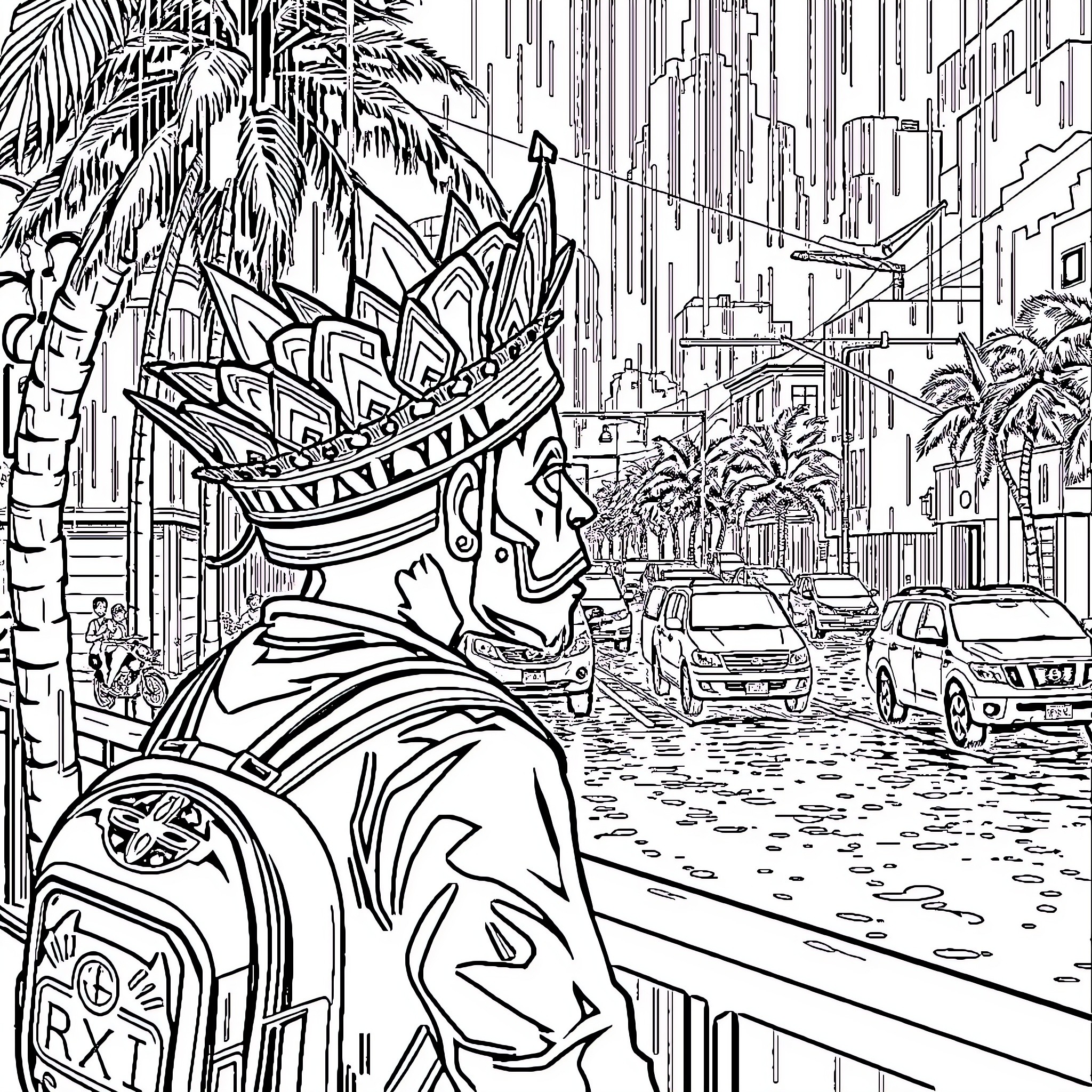 Tlaloc's Flooded City Adventure Coloring Page (free black-and-white line drawing printable PDF for all, from beginners to advanced learners, including children, teens, adults, and seniors)
