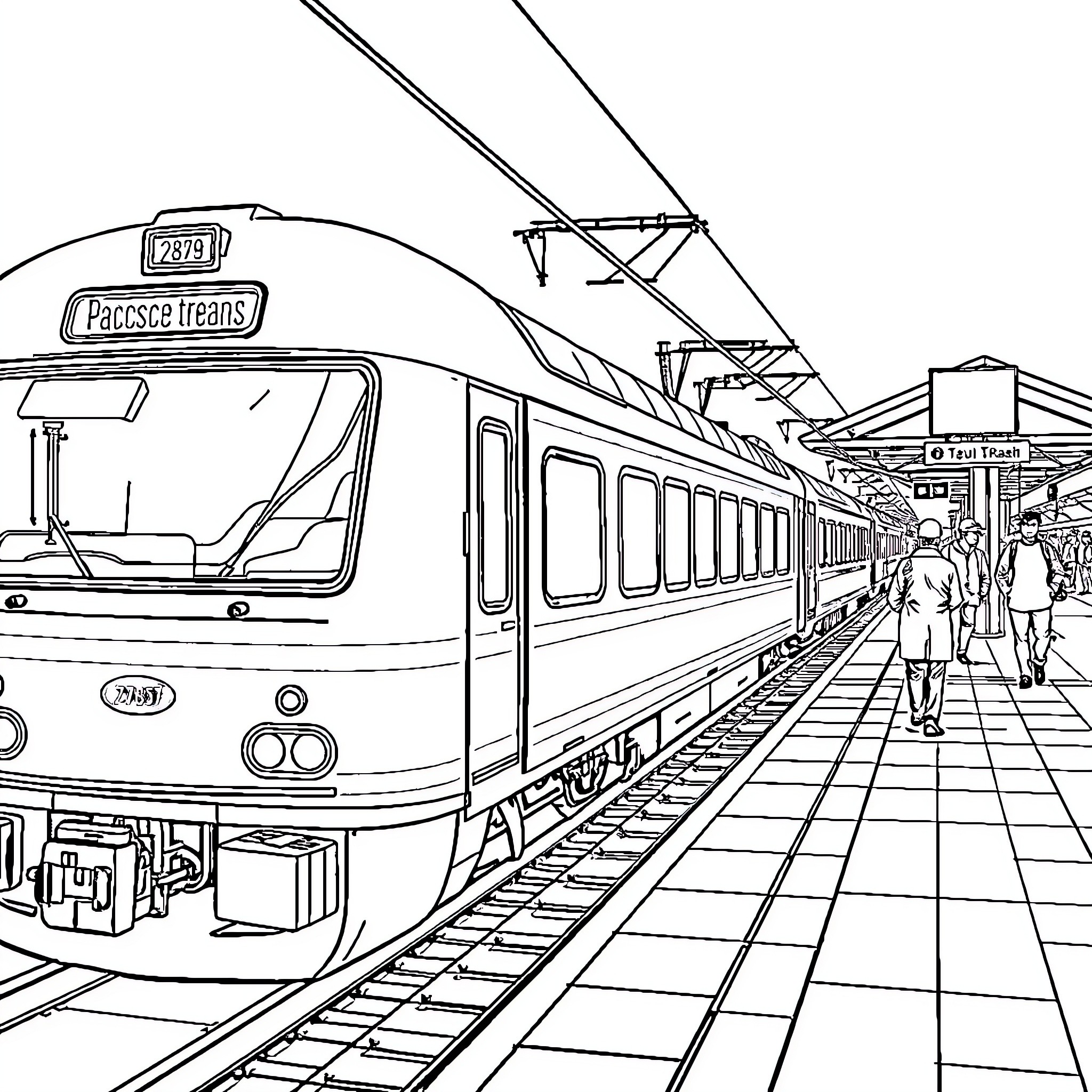 Train arriving at busy railway station platform Coloring Page (free black-and-white line drawing printable PDF for all, from beginners to advanced learners, including children, teens, adults, and seniors)
