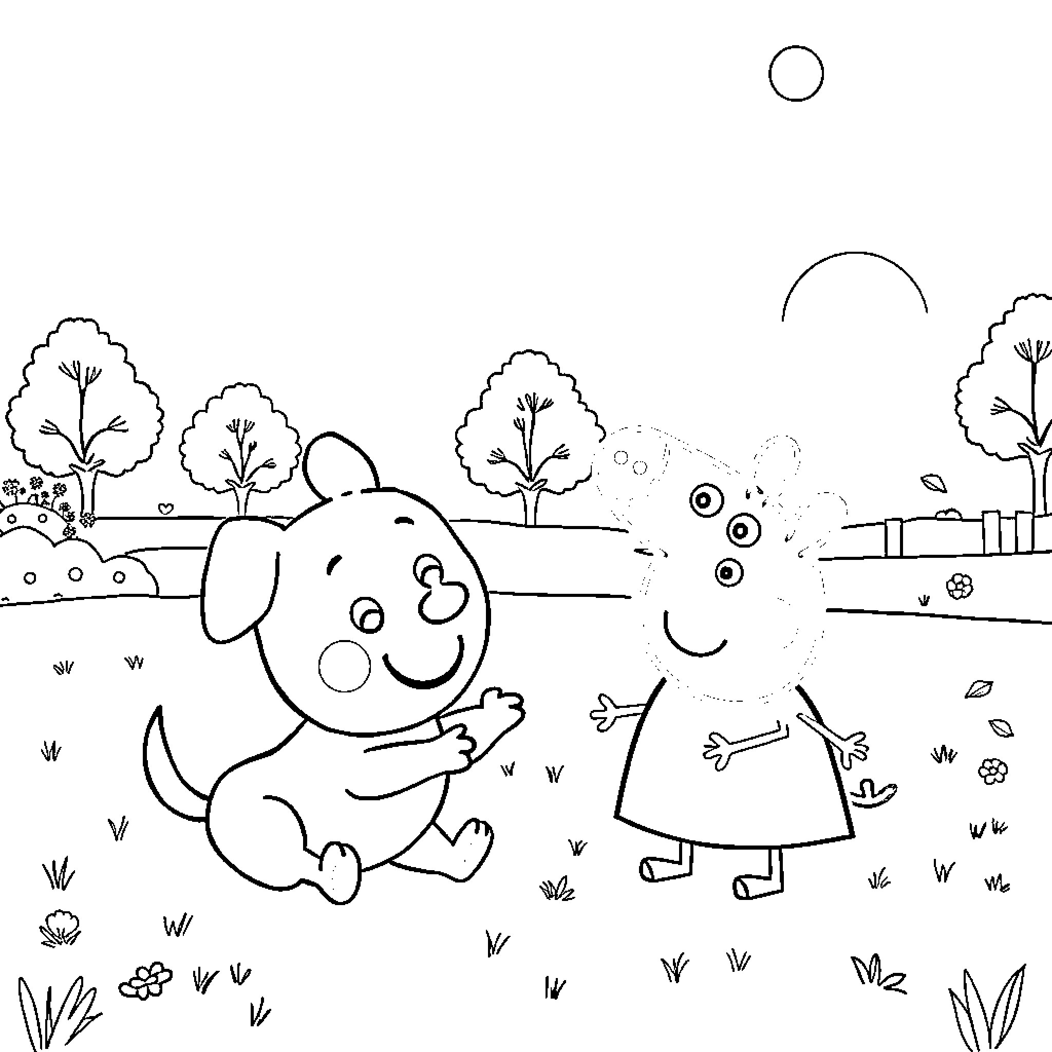 Bluey and friends explore the outdoors Coloring Page (free black-and-white line drawing printable PDF for all, from beginners to advanced learners, including children, teens, adults, and seniors)