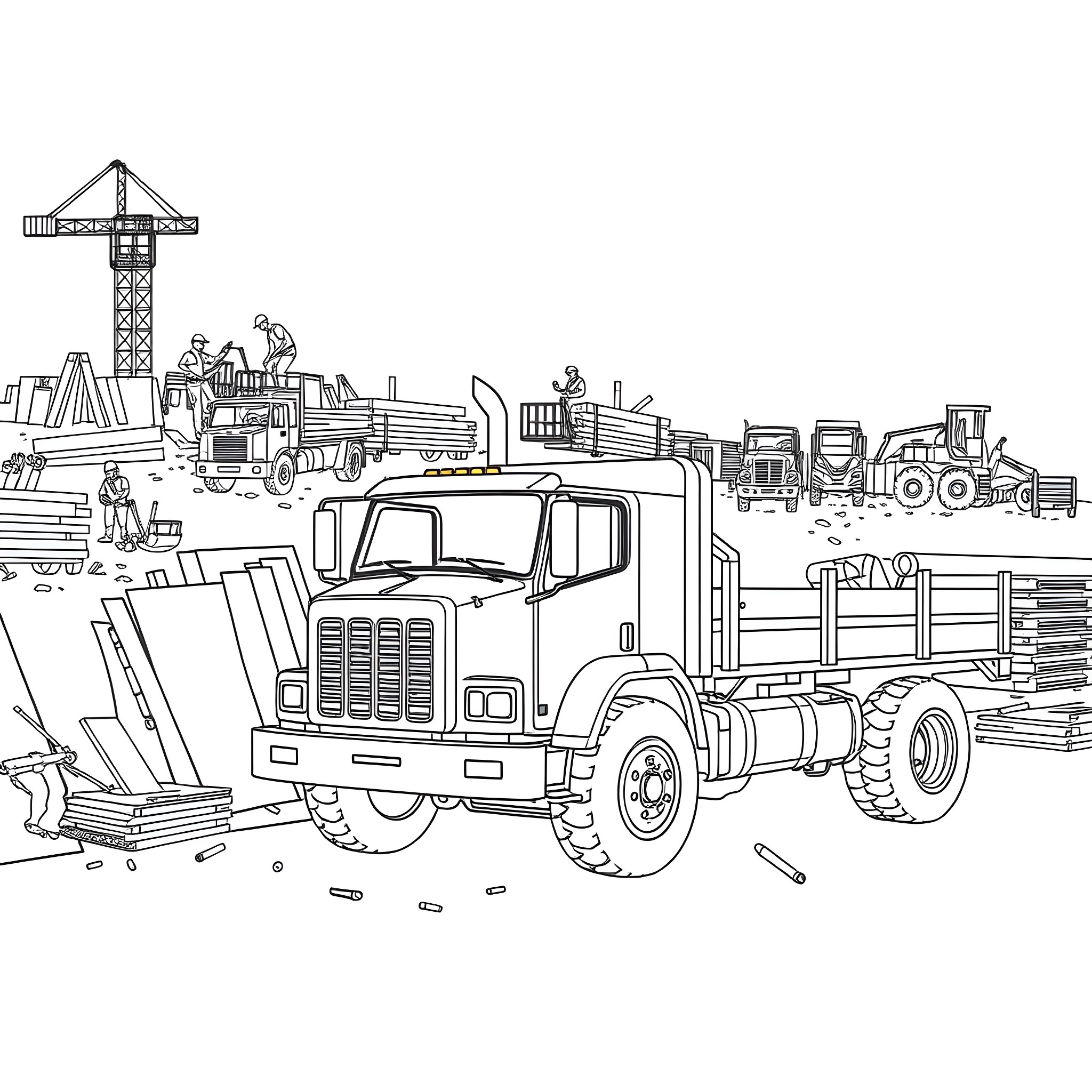 Flat Bed Truck on Construction Site Coloring Page (free black-and-white line drawing printable PDF for all, from beginners to advanced learners, including children, teens, adults, and seniors)