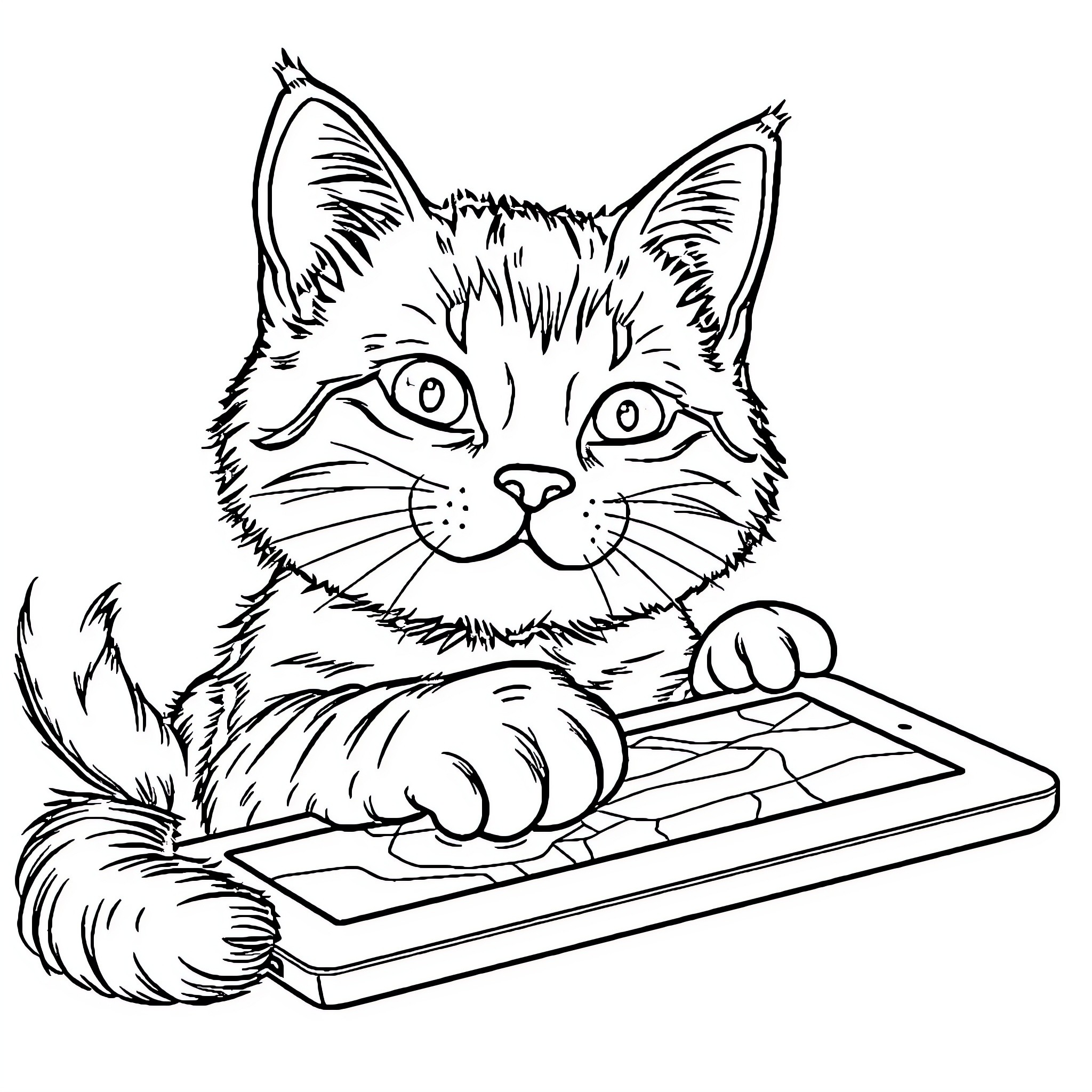 Cat using computer keyboard intently Coloring Page (free black-and-white line drawing printable PDF for all, from beginners to advanced learners, including children, teens, adults, and seniors)