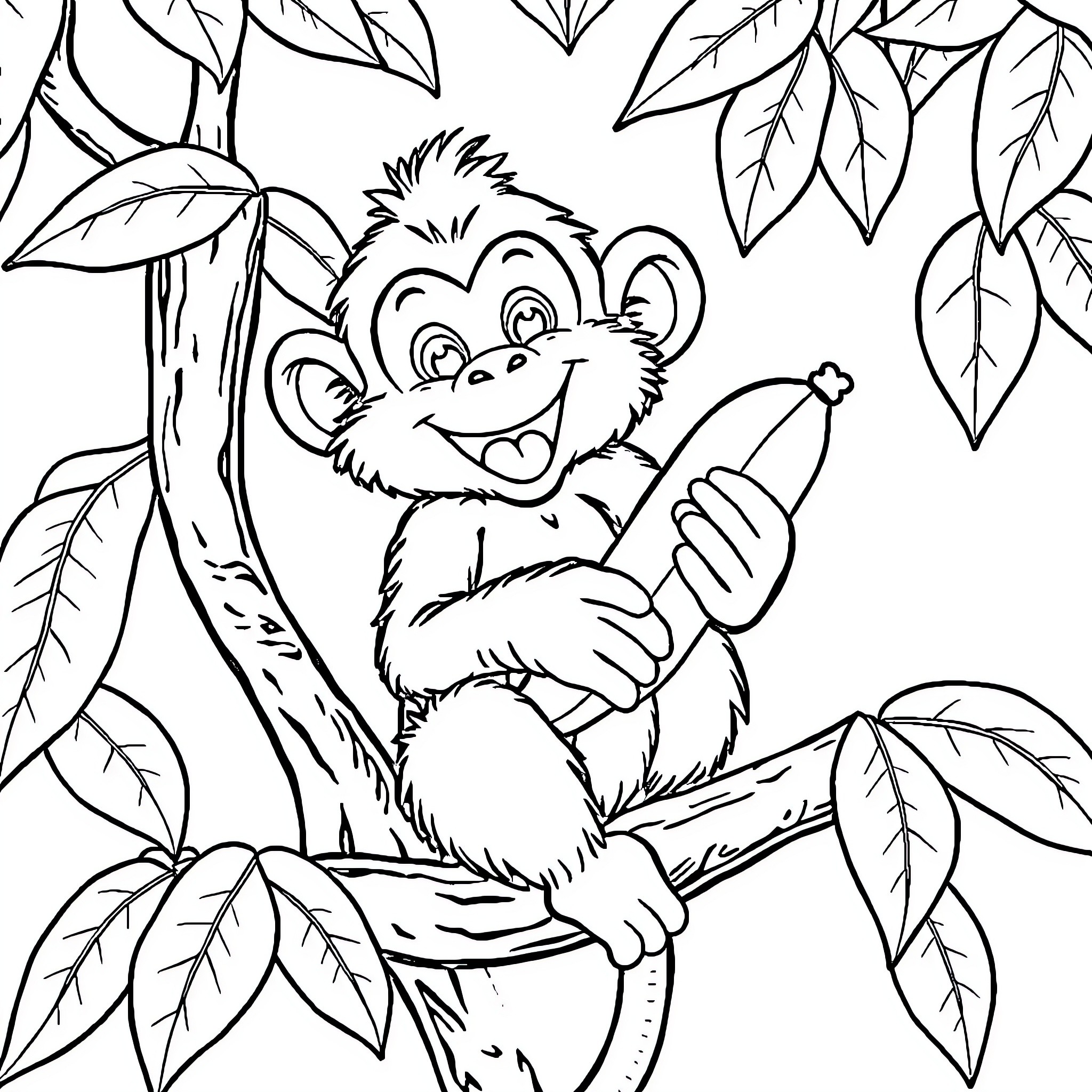 Monkey happily climbing on tree branch Coloring Page (free black-and-white line drawing printable PDF for all, from beginners to advanced learners, including children, teens, adults, and seniors)