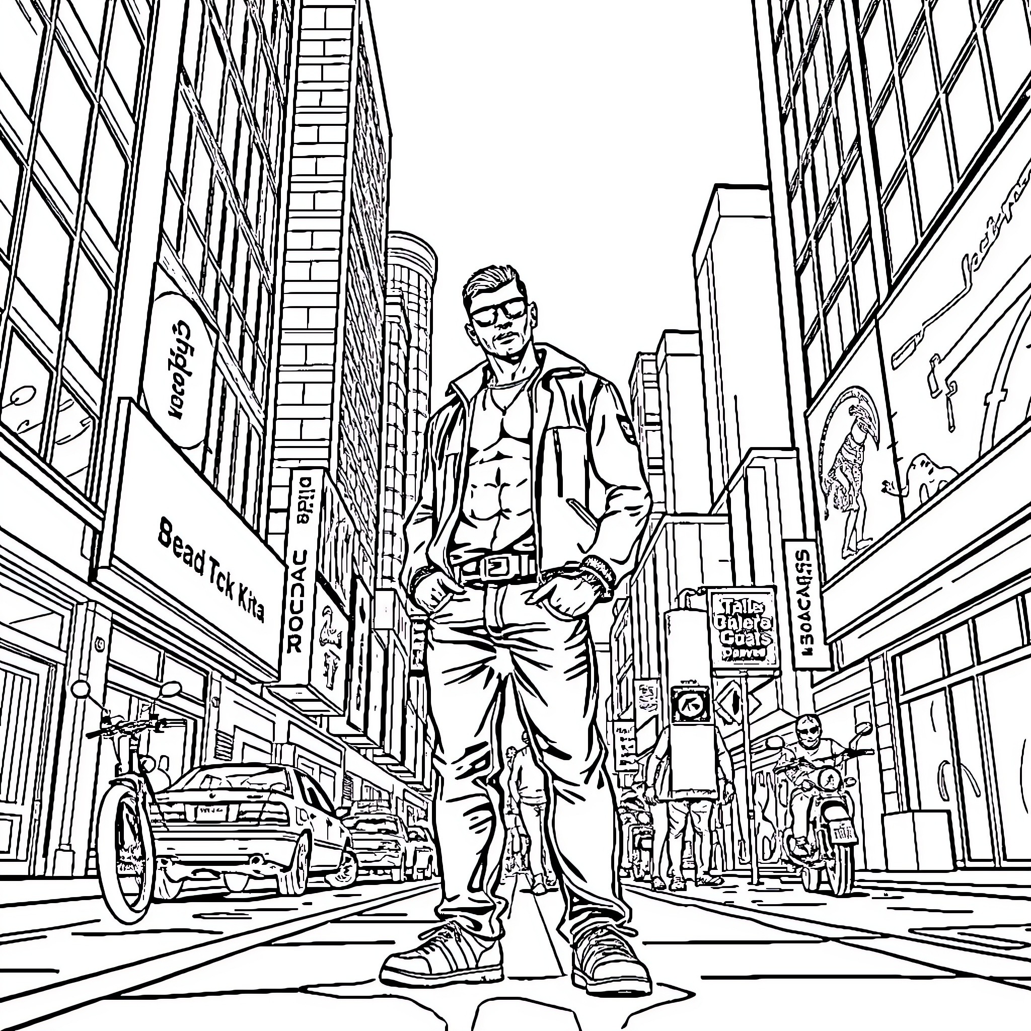 Latino Man Navigating the City Streets Coloring Page (free black-and-white line drawing printable PDF for all, from beginners to advanced learners, including children, teens, adults, and seniors)