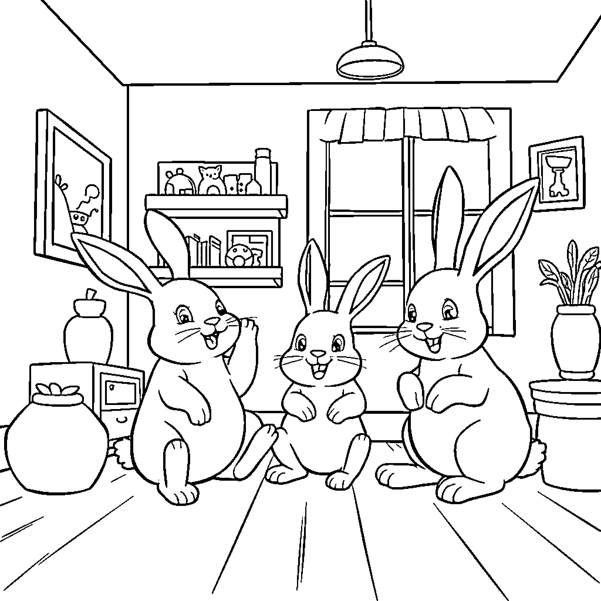 Rabbids enjoying a cozy home setting Coloring Page (free black-and-white line drawing printable PDF for all, from beginners to advanced learners, including children, teens, adults, and seniors)