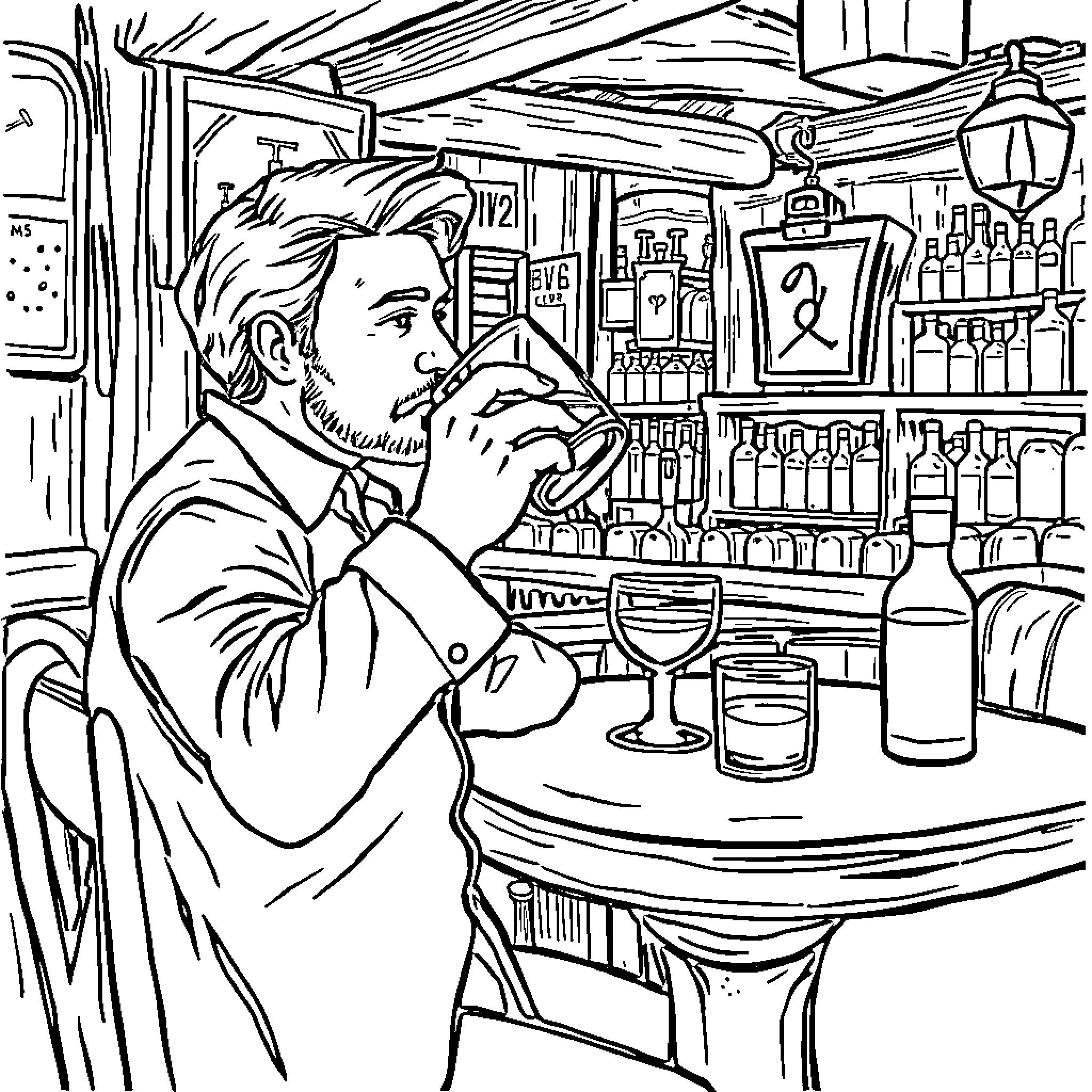 Whiskey in Hand, Drinking in Cozy Bar Coloring Page (free black-and-white line drawing printable PDF for all, from beginners to advanced learners, including children, teens, adults, and seniors)