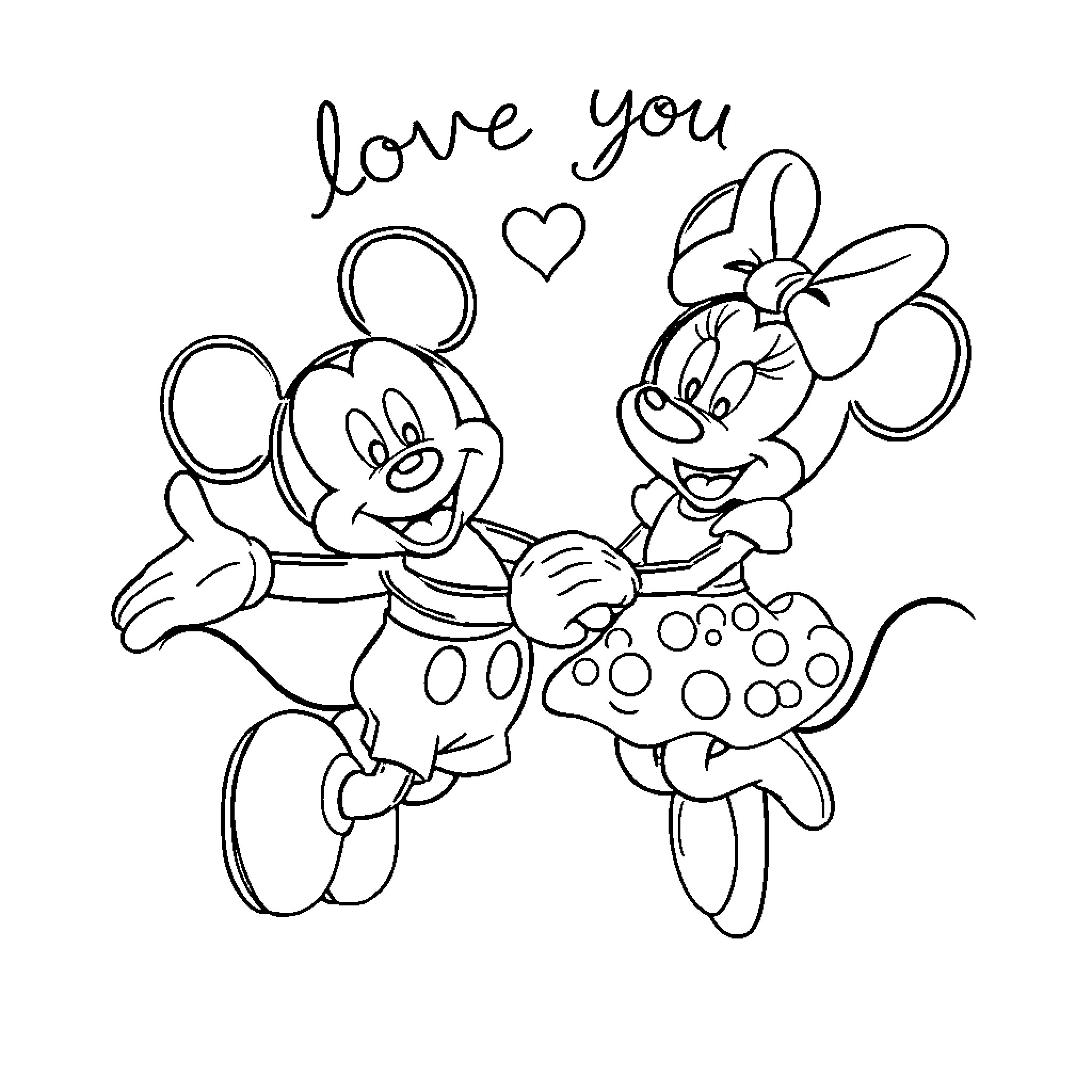 Mickey and Minnie expressing love Coloring Page (free black-and-white line drawing printable PDF for all, from beginners to advanced learners, including children, teens, adults, and seniors)