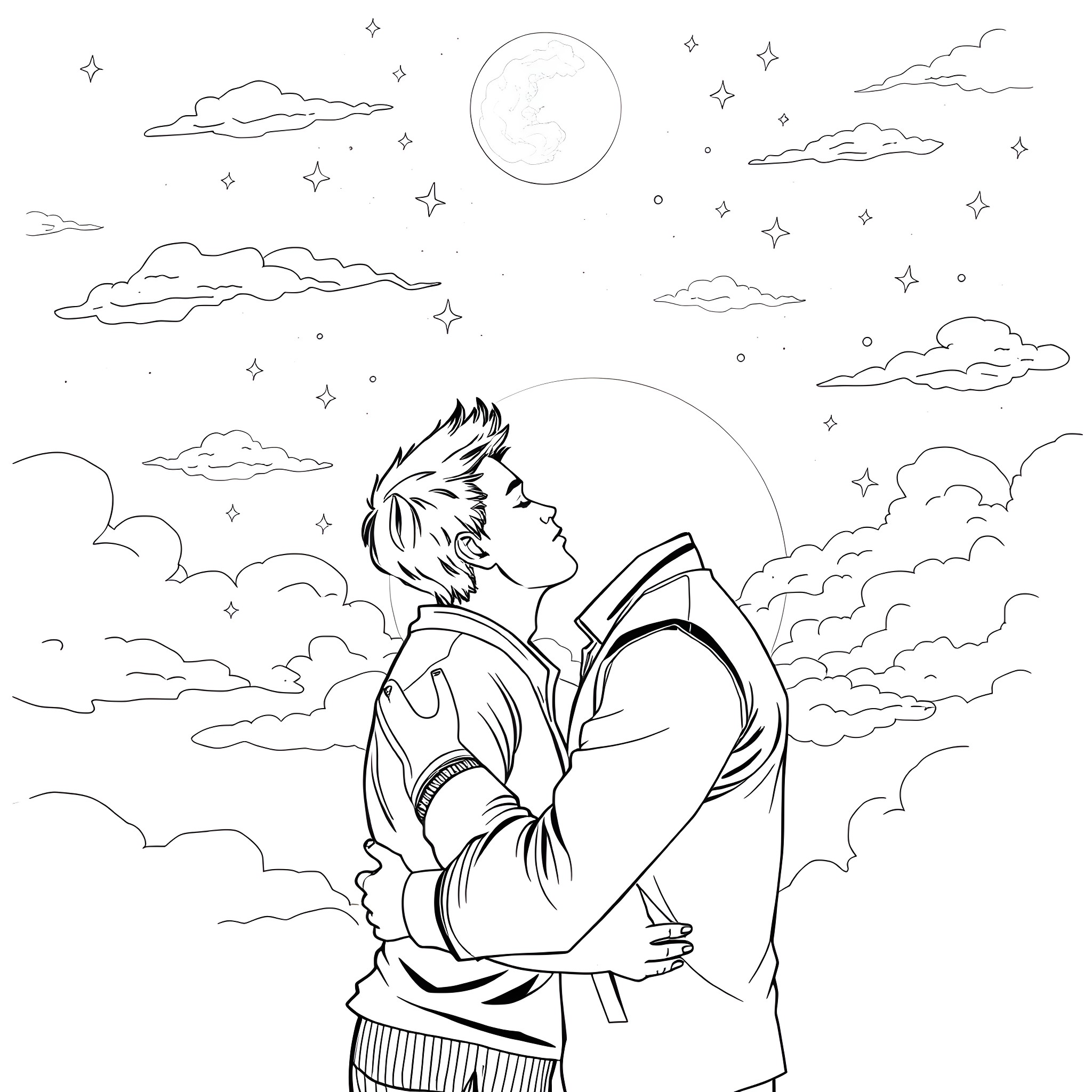 Man gazing at the starry night sky Coloring Page (free black-and-white line drawing printable PDF for all, from beginners to advanced learners, including children, teens, adults, and seniors)