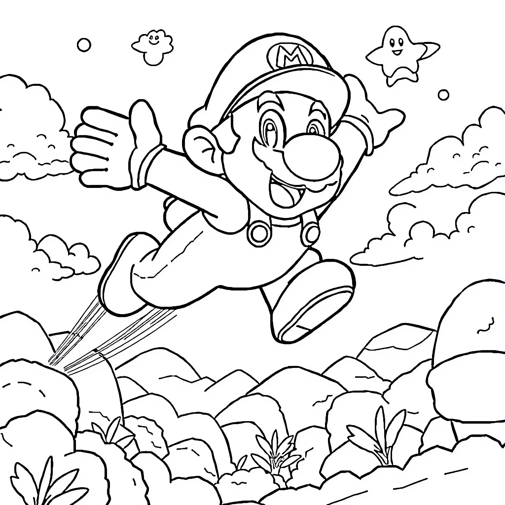 Mario jumping through the clouds with a star Coloring Page (free black-and-white line drawing printable PDF for all, from beginners to advanced learners, including children, teens, adults, and seniors)