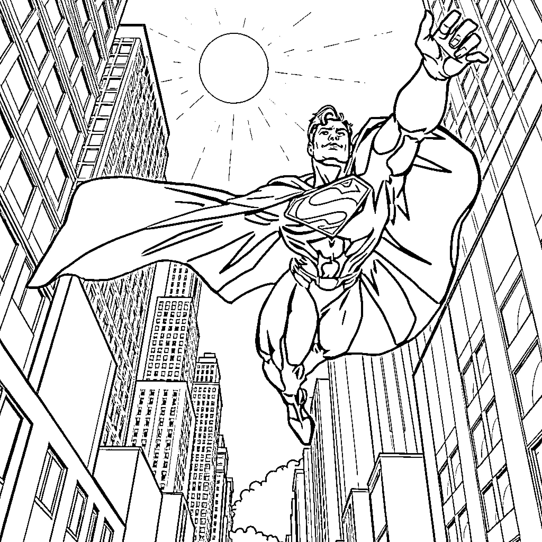 Superman Soaring Heroically over City Skyline Coloring Page (free black-and-white line drawing printable PDF for all, from beginners to advanced learners, including children, teens, adults, and seniors)