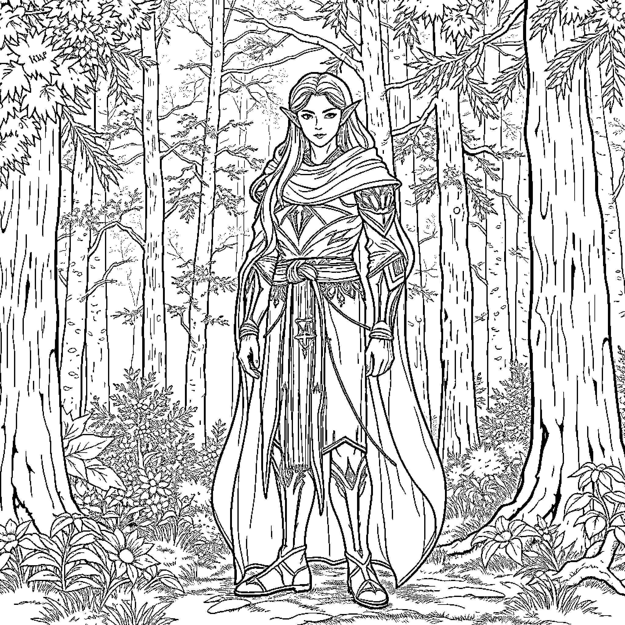 Elf woman exploring the magical forest Coloring Page (free black-and-white line drawing printable PDF for all, from beginners to advanced learners, including children, teens, adults, and seniors)
