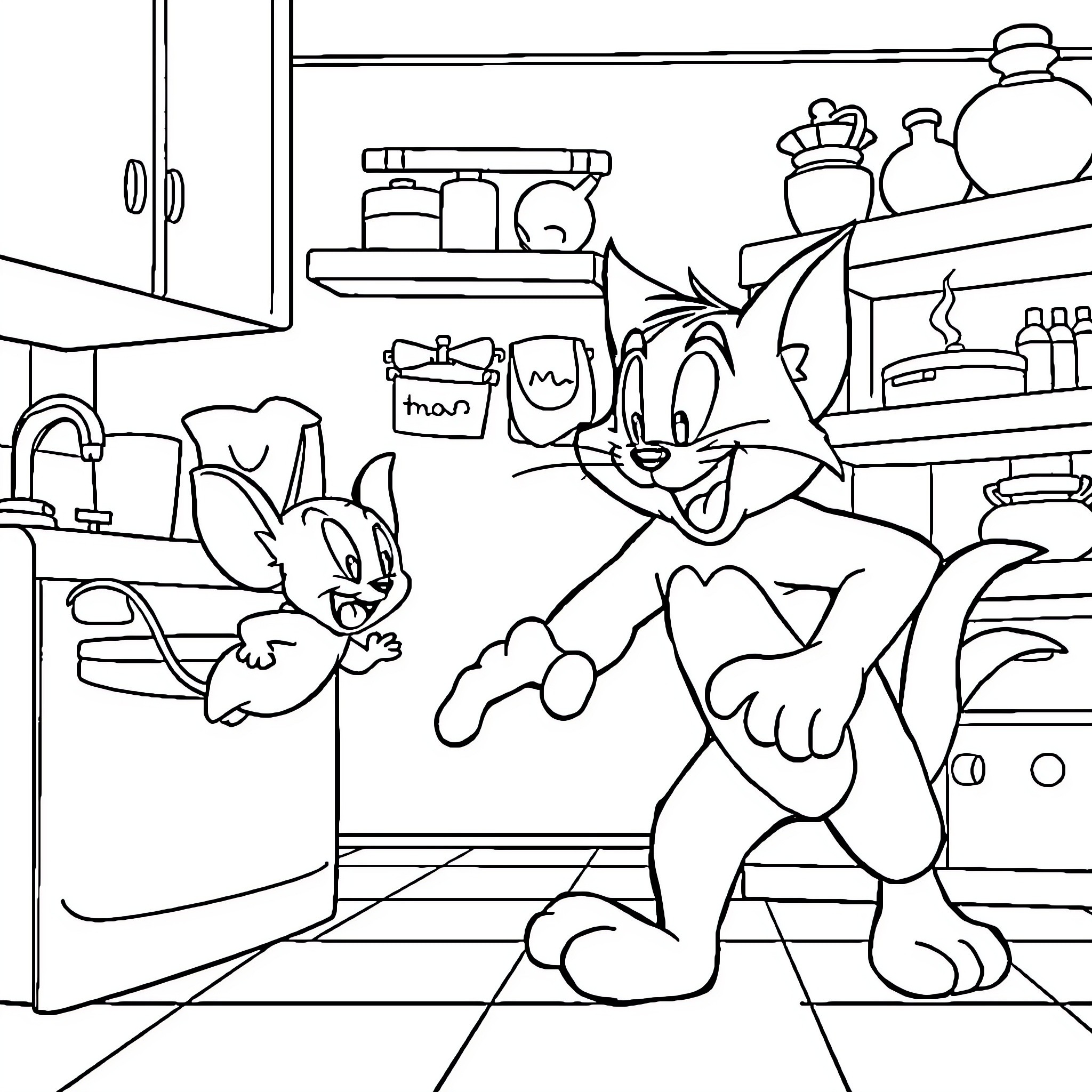 Tom and Jerry's Kitchen Chaos Coloring Page (free black-and-white line drawing printable PDF for all, from beginners to advanced learners, including children, teens, adults, and seniors)