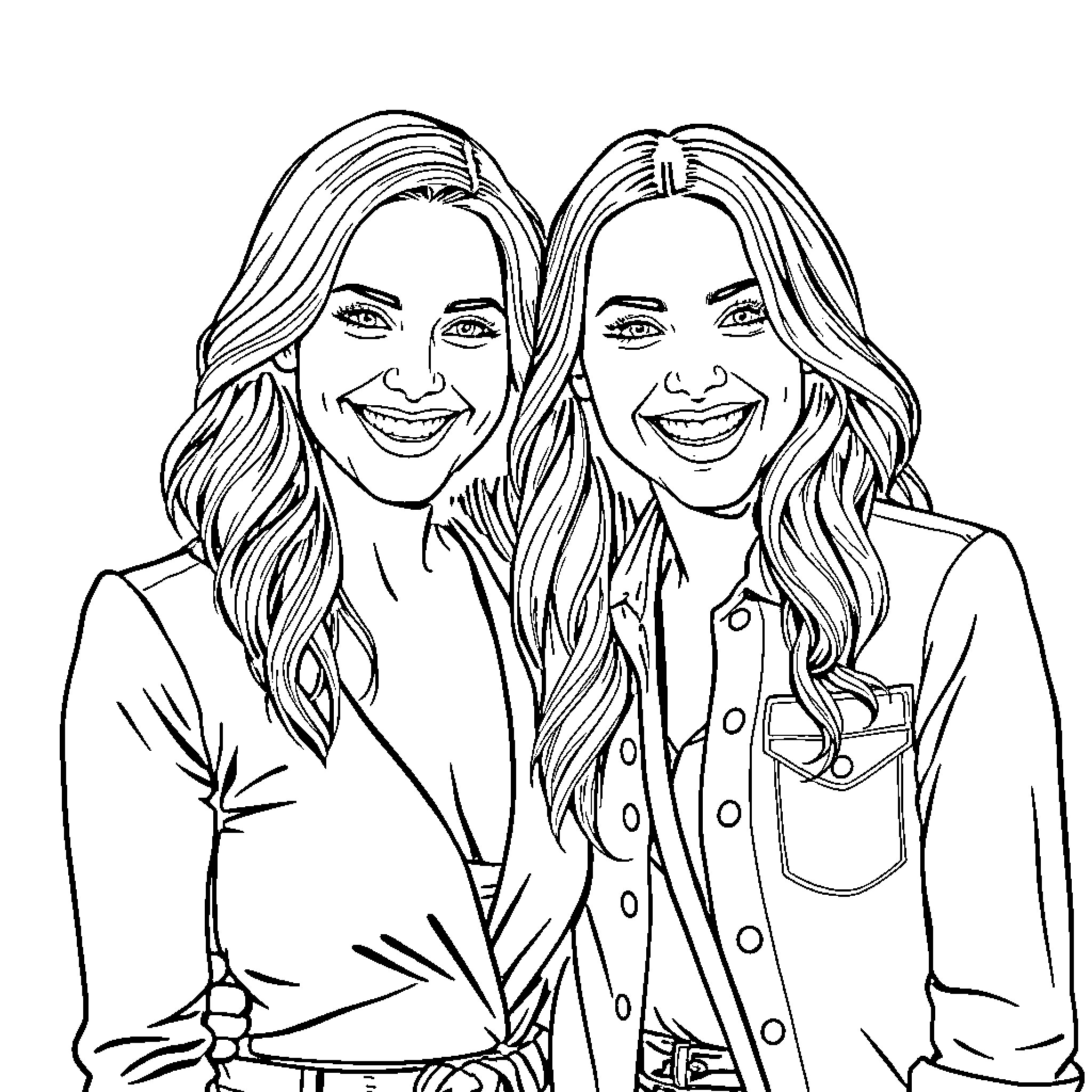 Elizabeth Olsen and friend smiling cheerfully Coloring Page (free black-and-white line drawing printable PDF for all, from beginners to advanced learners, including children, teens, adults, and seniors)