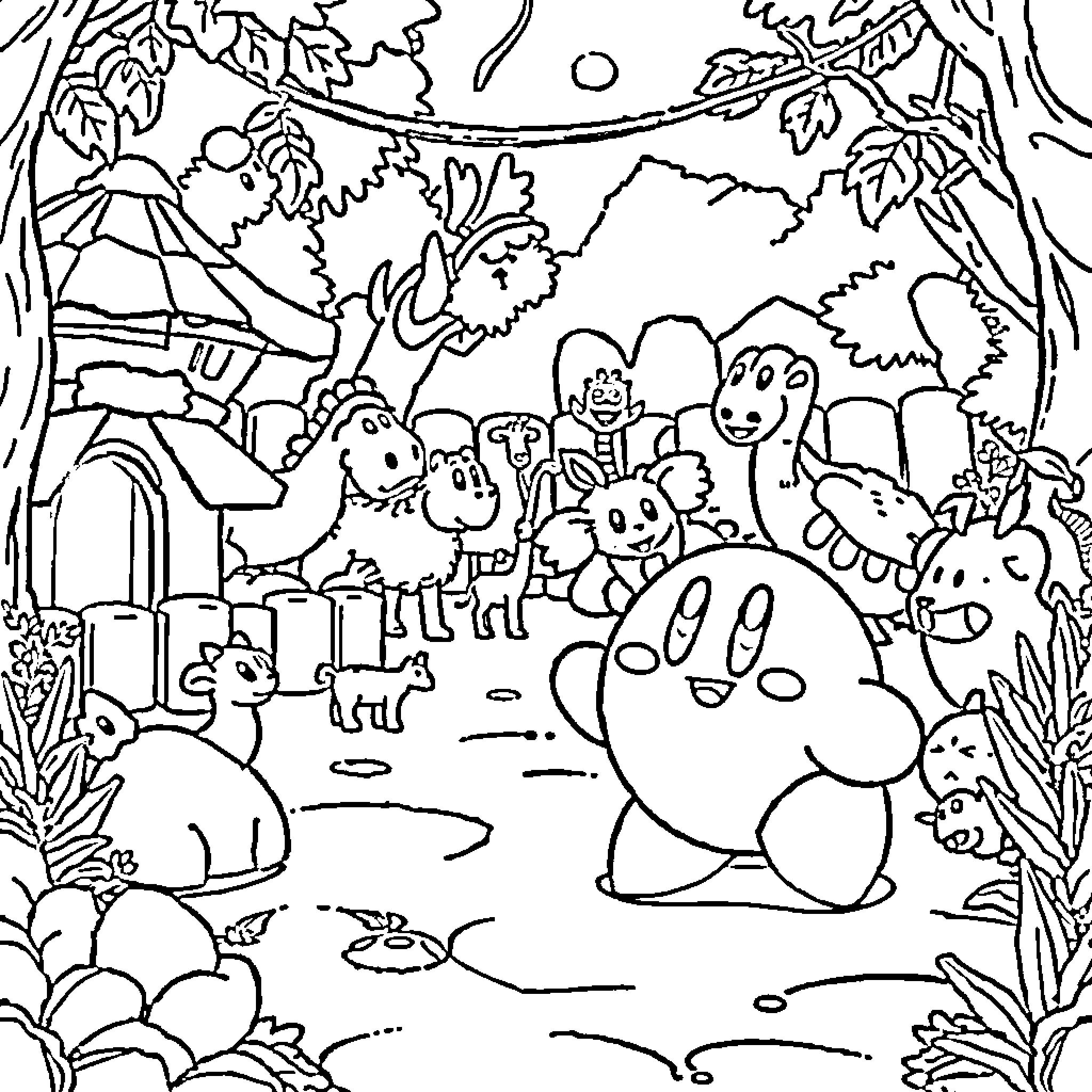 Kirby's Colorful Adventure in the Whimsical Forest Coloring Page (free black-and-white line drawing printable PDF for all, from beginners to advanced learners, including children, teens, adults, and seniors)