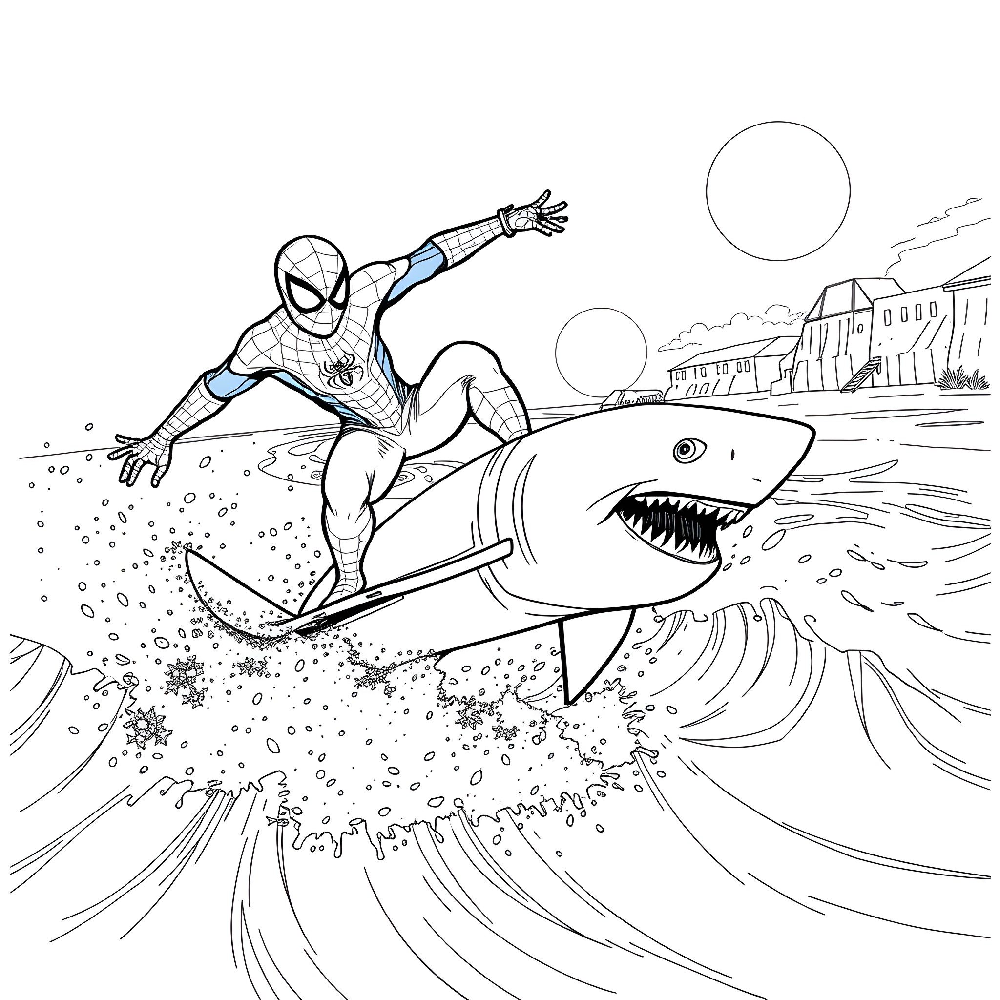 Spiderman surfing on a shark in the city Coloring Page (free black-and-white line drawing printable PDF for all, from beginners to advanced learners, including children, teens, adults, and seniors)