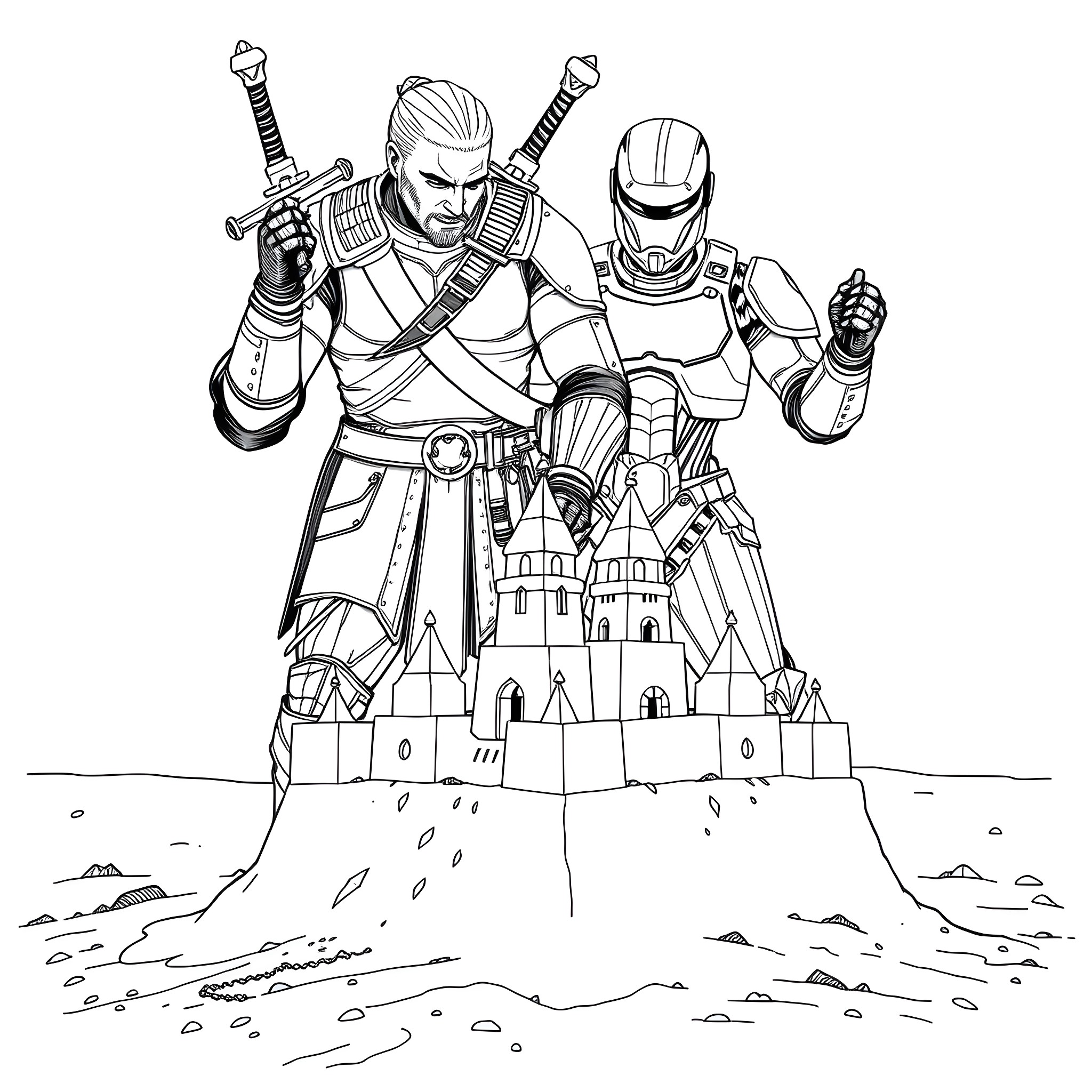 Geralt and his warrior companion defending a castle Coloring Page (free black-and-white line drawing printable PDF for all, from beginners to advanced learners, including children, teens, adults, and seniors)