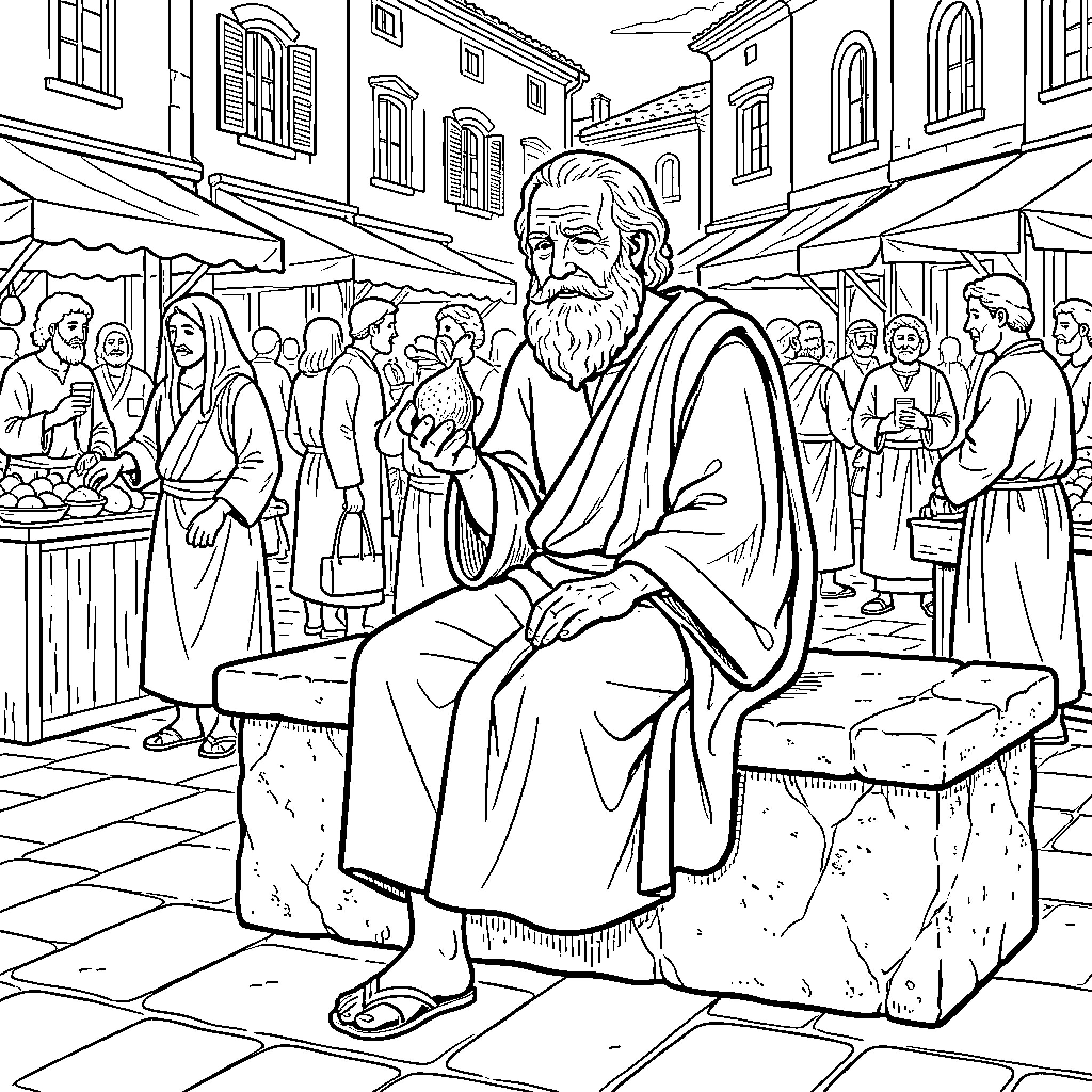 Socrates sitting on a stone bench in a busy marketplace Coloring Page (free black-and-white line drawing printable PDF for all, from beginners to advanced learners, including children, teens, adults, and seniors)