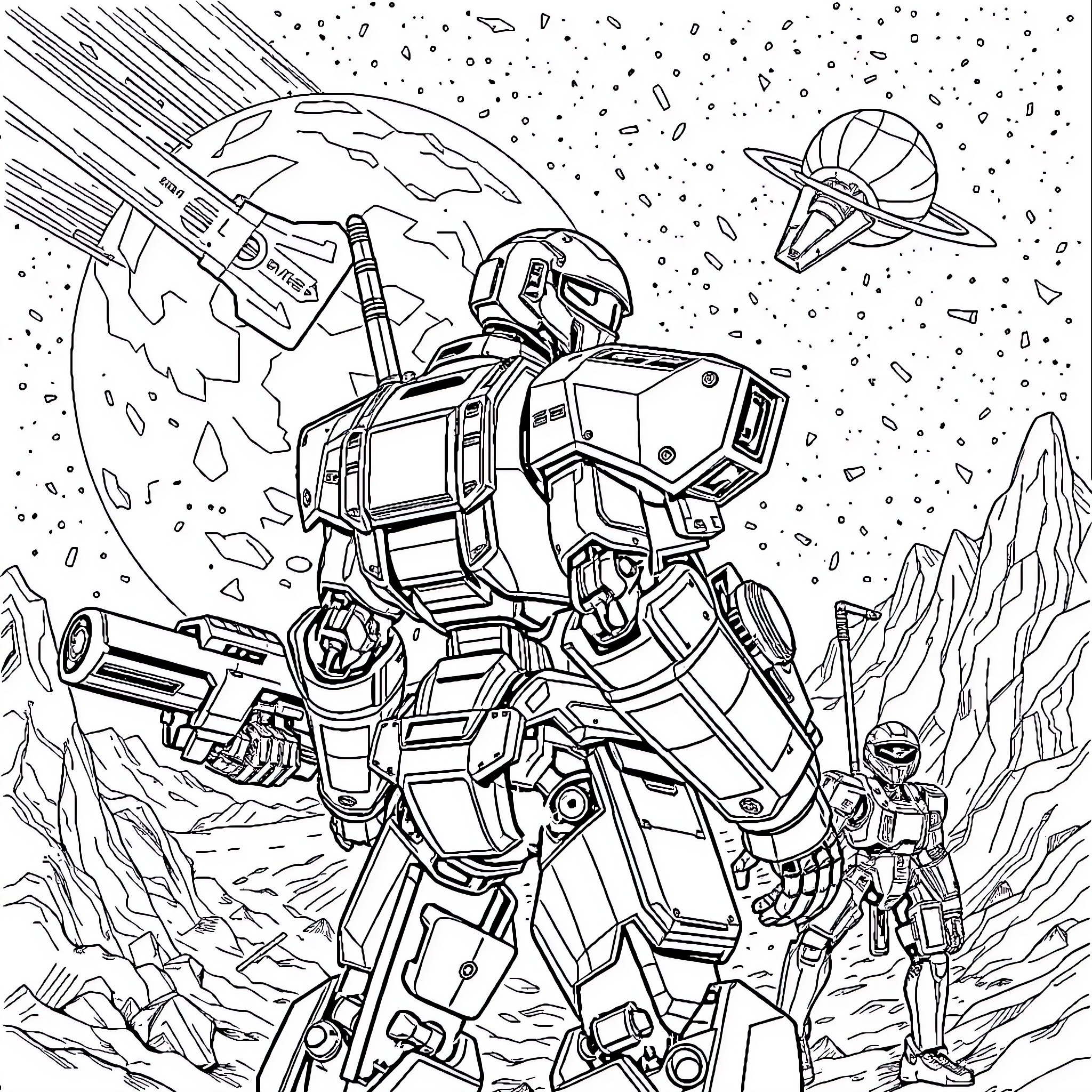 Robot Soldier Battles in Futuristic Alien Landscape Coloring Page (free black-and-white line drawing printable PDF for all, from beginners to advanced learners, including children, teens, adults, and seniors)