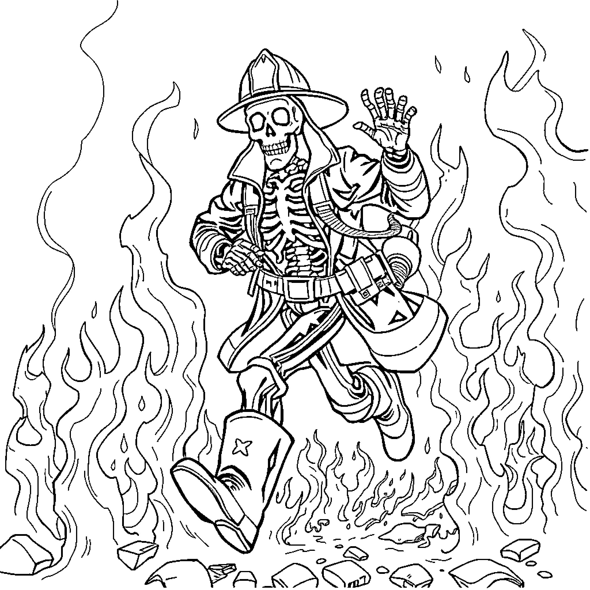 Skeleton Firefighter Battling Blaze Coloring Page (free black-and-white line drawing printable PDF for all, from beginners to advanced learners, including children, teens, adults, and seniors)