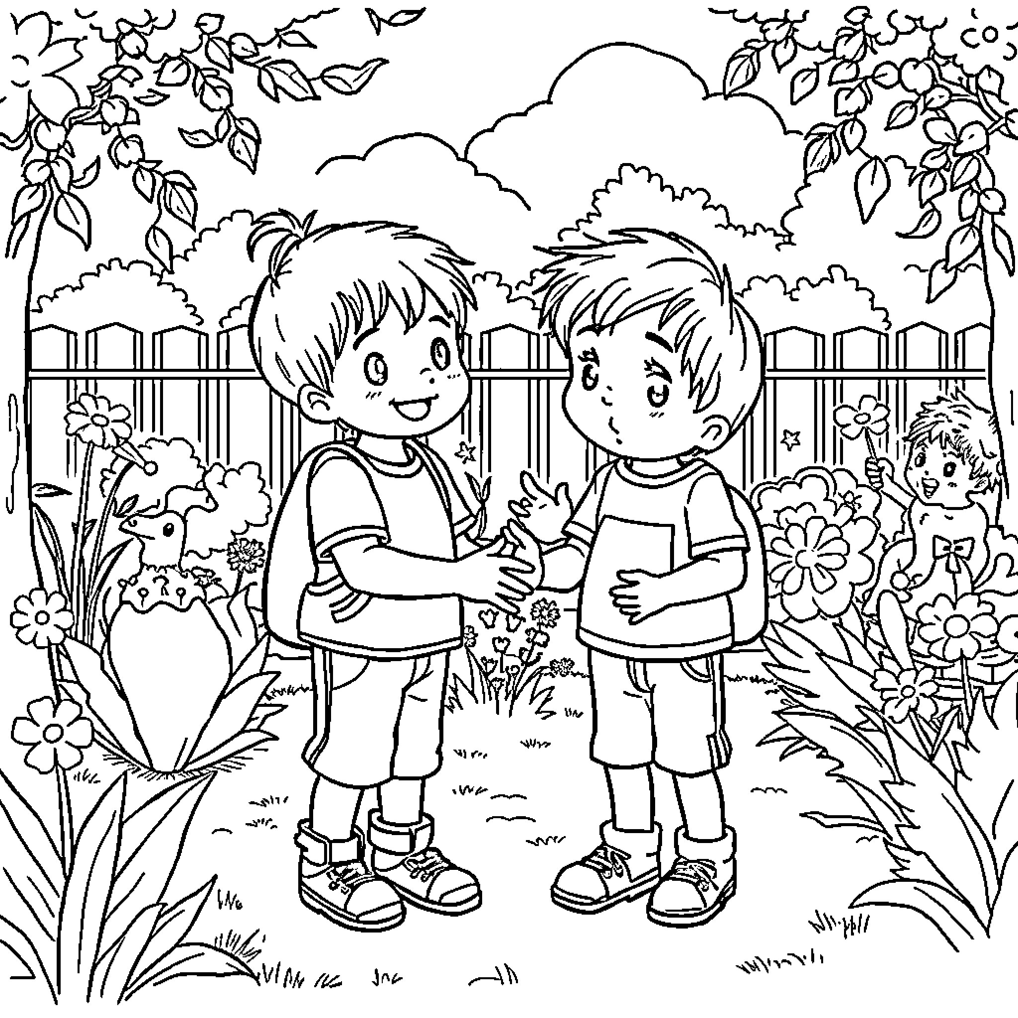 Child friends exploring the garden together Coloring Page (free black-and-white line drawing printable PDF for all, from beginners to advanced learners, including children, teens, adults, and seniors)