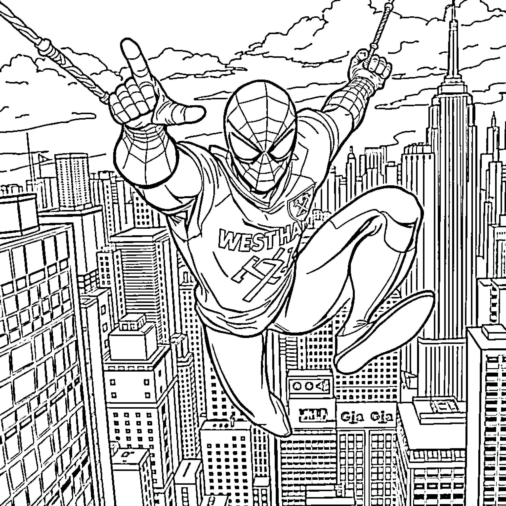Spiderman swinging over the city skyline Coloring Page (free black-and-white line drawing printable PDF for all, from beginners to advanced learners, including children, teens, adults, and seniors)