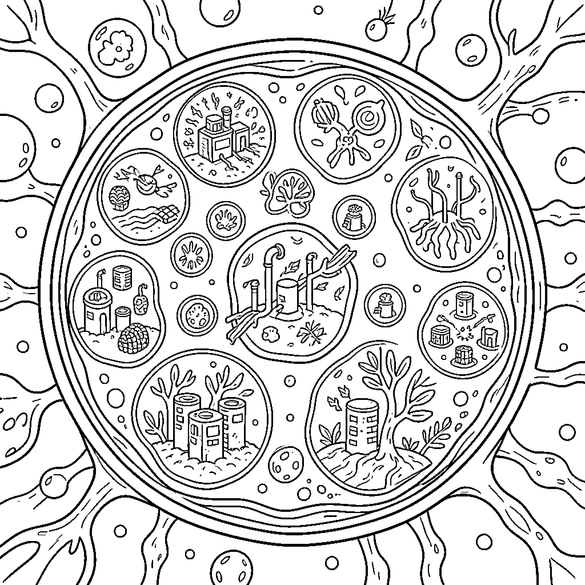 Mitochondria and various organelles functioning within a cell Coloring Page (free black-and-white line drawing printable PDF for all, from beginners to advanced learners, including children, teens, adults, and seniors)