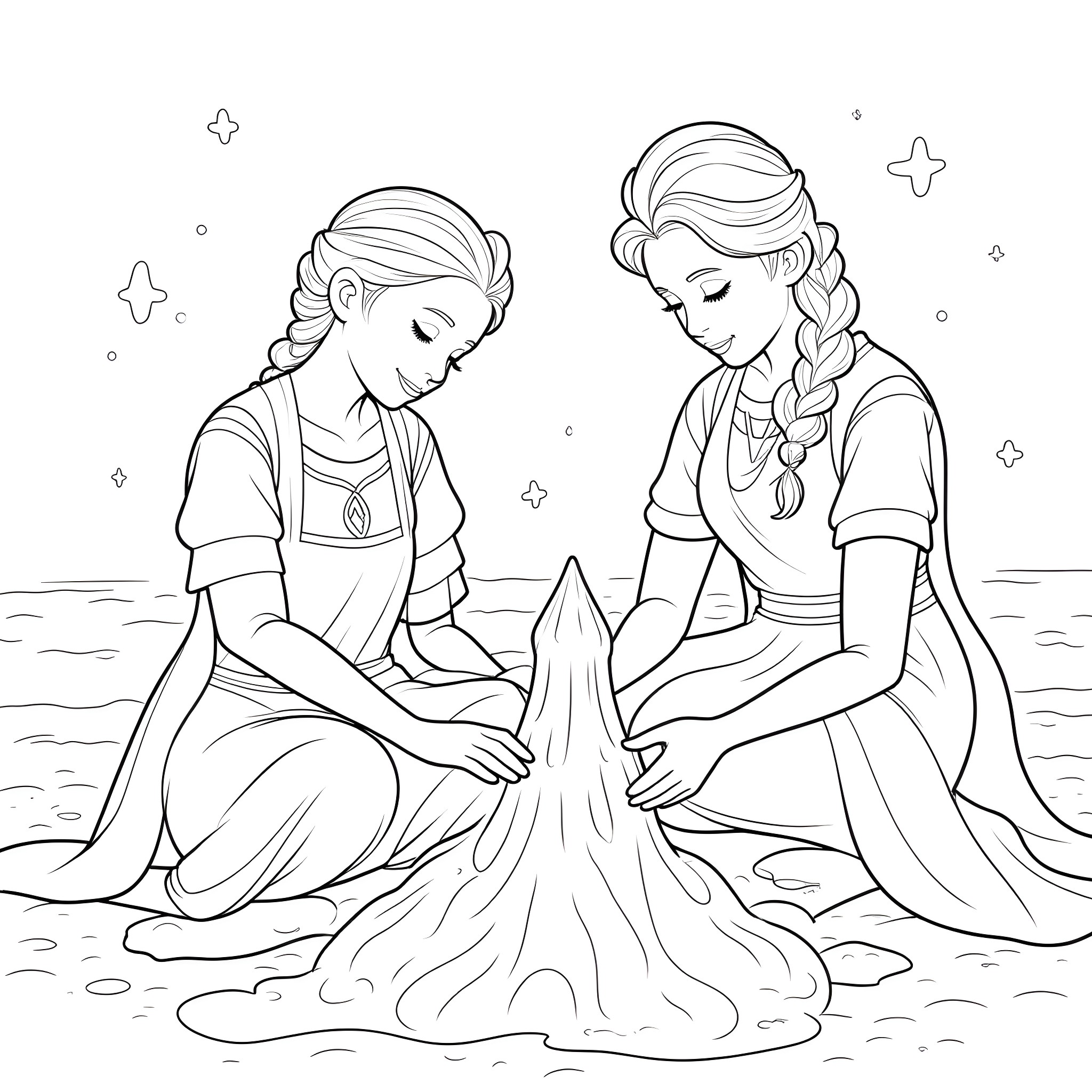 Elsa and Anna building a sand castle on the beach Coloring Page (free black-and-white line drawing printable PDF for all, from beginners to advanced learners, including children, teens, adults, and seniors)