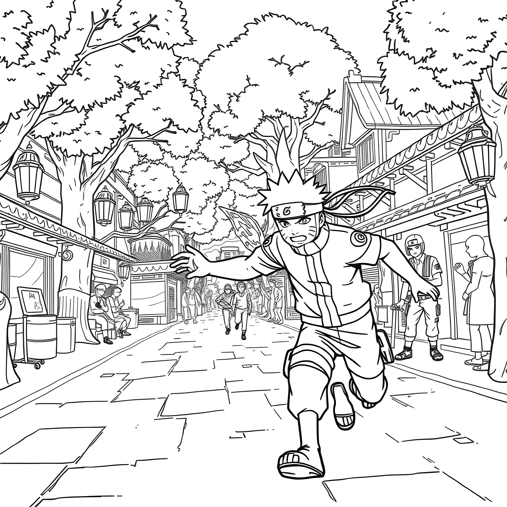 Naruto running through the bustling village Coloring Page (free black-and-white line drawing printable PDF for all, from beginners to advanced learners, including children, teens, adults, and seniors)