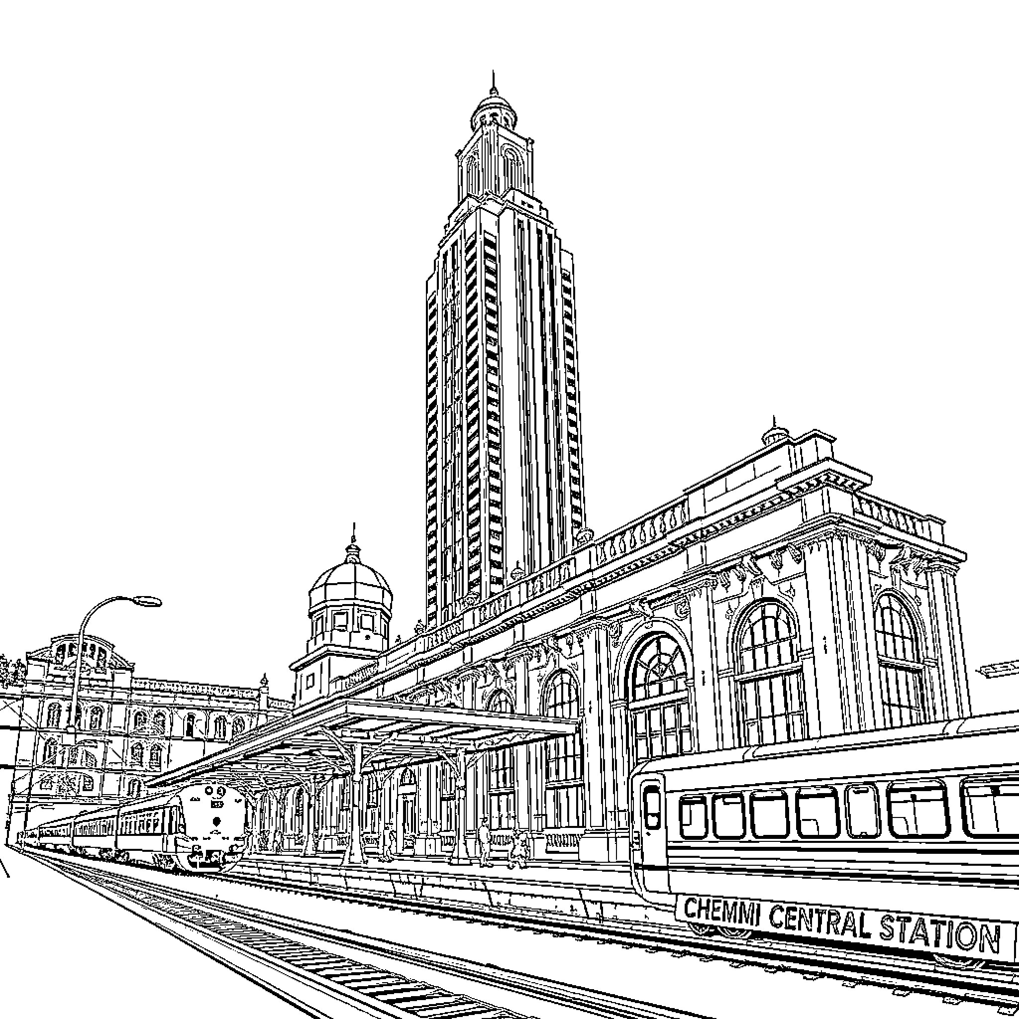 Chennai Central Station: Architectural Grandeur and Public Transit Coloring Page (free black-and-white line drawing printable PDF for all, from beginners to advanced learners, including children, teens, adults, and seniors)