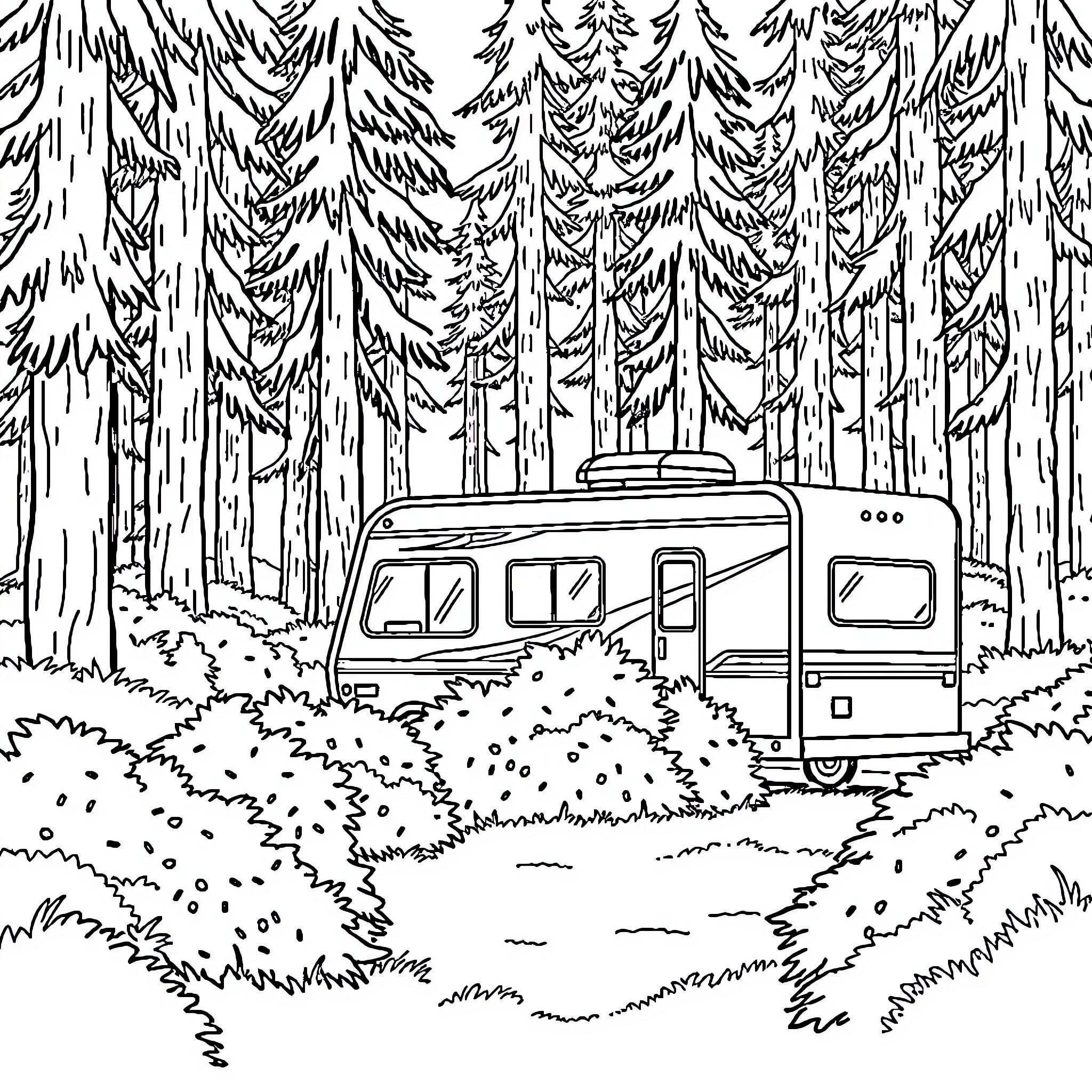 RV Parked in Serene Forest Campsite Coloring Page (free black-and-white line drawing printable PDF for all, from beginners to advanced learners, including children, teens, adults, and seniors)